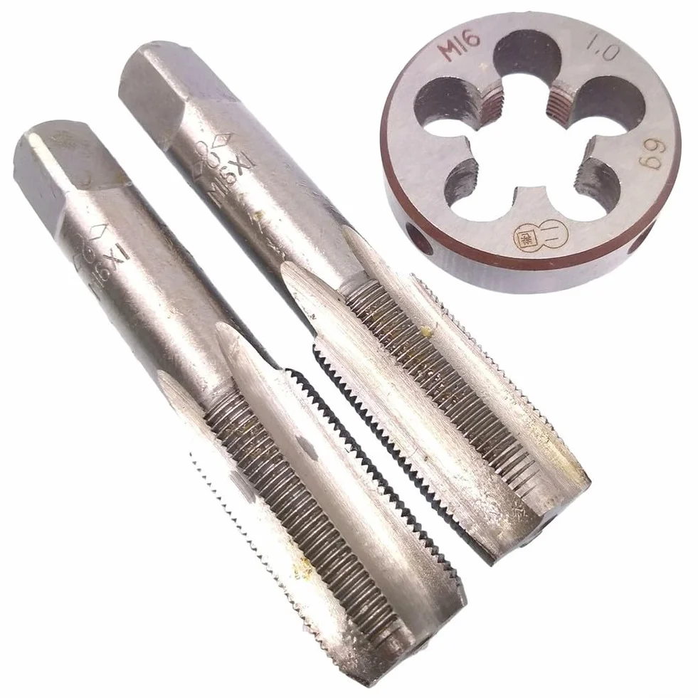 Zestaw gwintowników i narzynek, gwintowniki i narzynki do gwintów okrągłych, gwint stożkowy HSS M16x1 mm i narzynka M16x1 mm do gwintów metrycznych