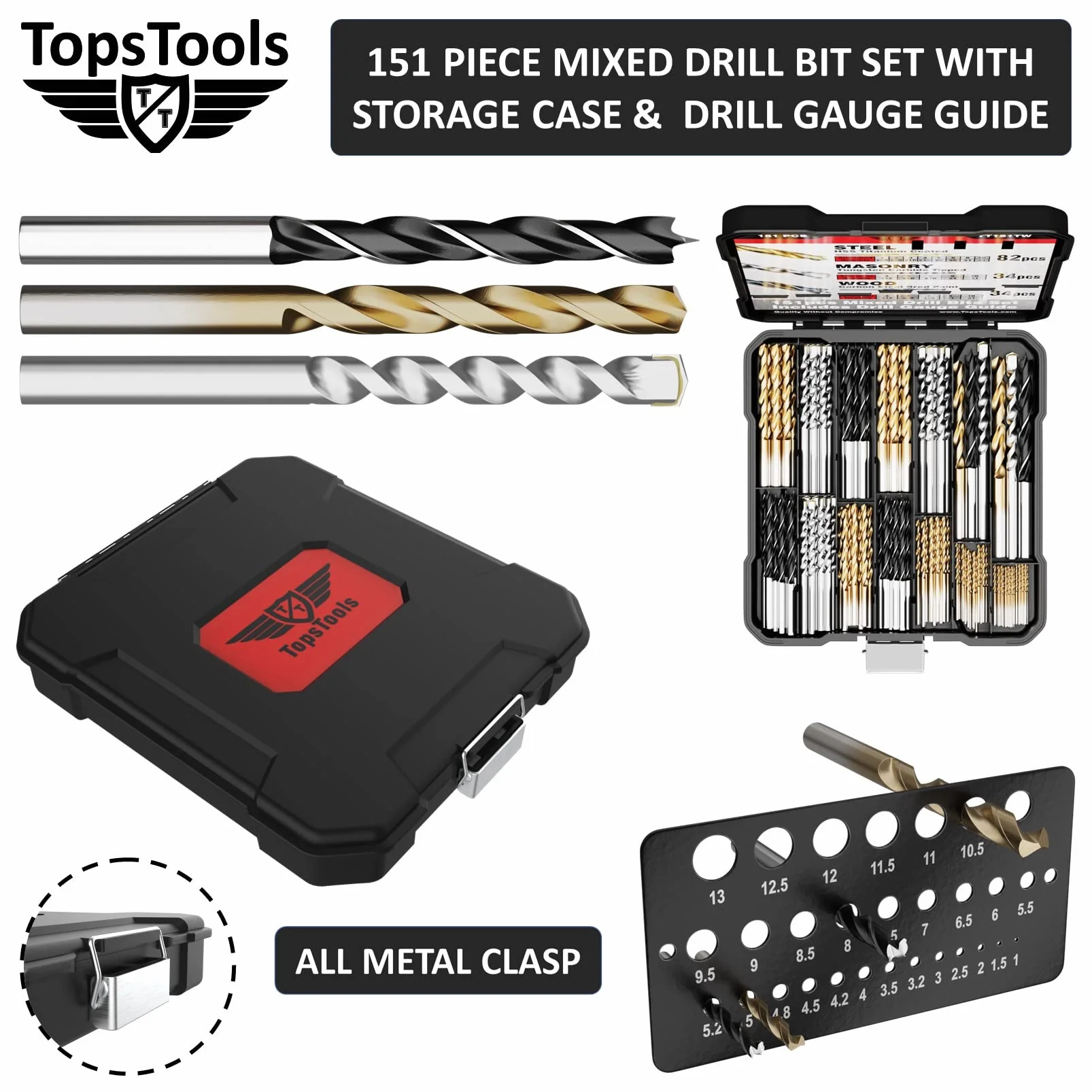 TopsTools 151pcs TT151TW 1mm 10mm Drewno Beton Cegła Wiertła Trwały | Mixed HSS, carbide masonry i brad-point drewno bits zapewniają trwały wiercenie across metal, masonry, drewno i plastiku