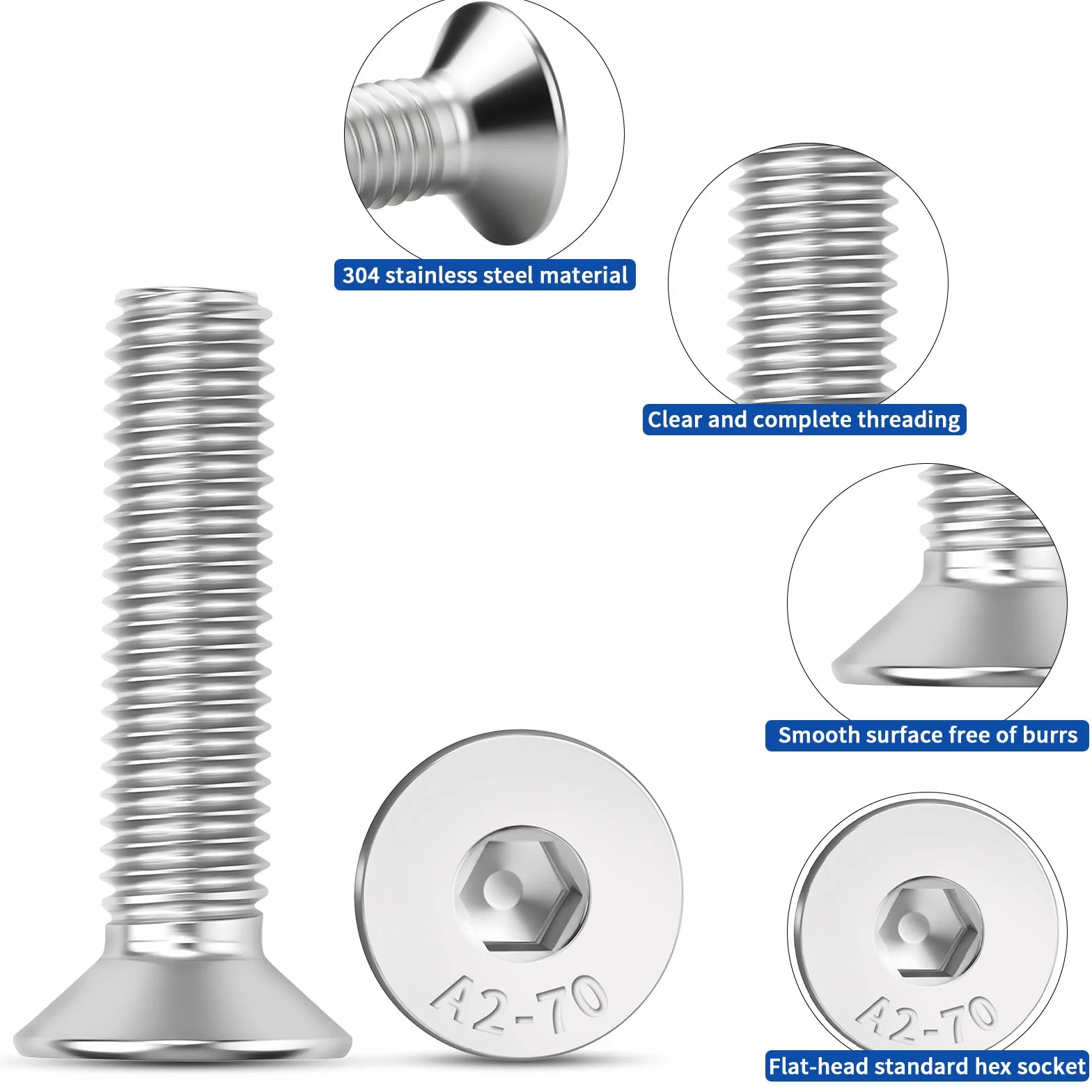 60 szt. śrub z łbem stożkowym M4 x 16 mm, stal nierdzewna, DIN 7991, A2, V2A, z łbem wpuszczanym, z łbem stożkowym, pełny gwint, z kluczem sześciokątnym, srebrne, śruby z łbem płaskim do maszyn