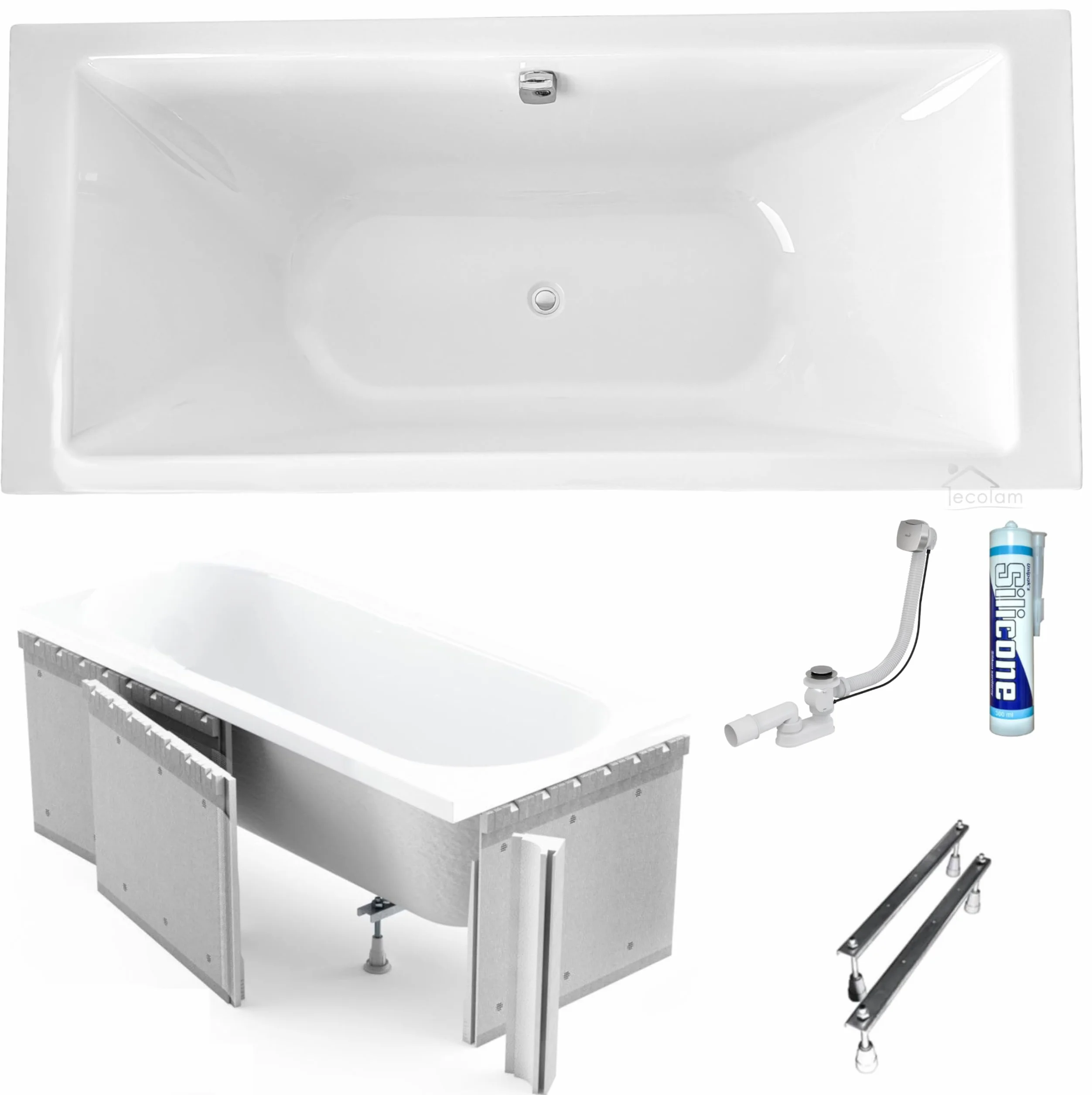 ECOLAM duża wanna prostokątna 200x90 cm akrylowa TAMI + obudowa styropianowa do opłytkowania wanna idealna dla 2 osób bezpośrednio od producenta w zestawie syfon silikon stelaż