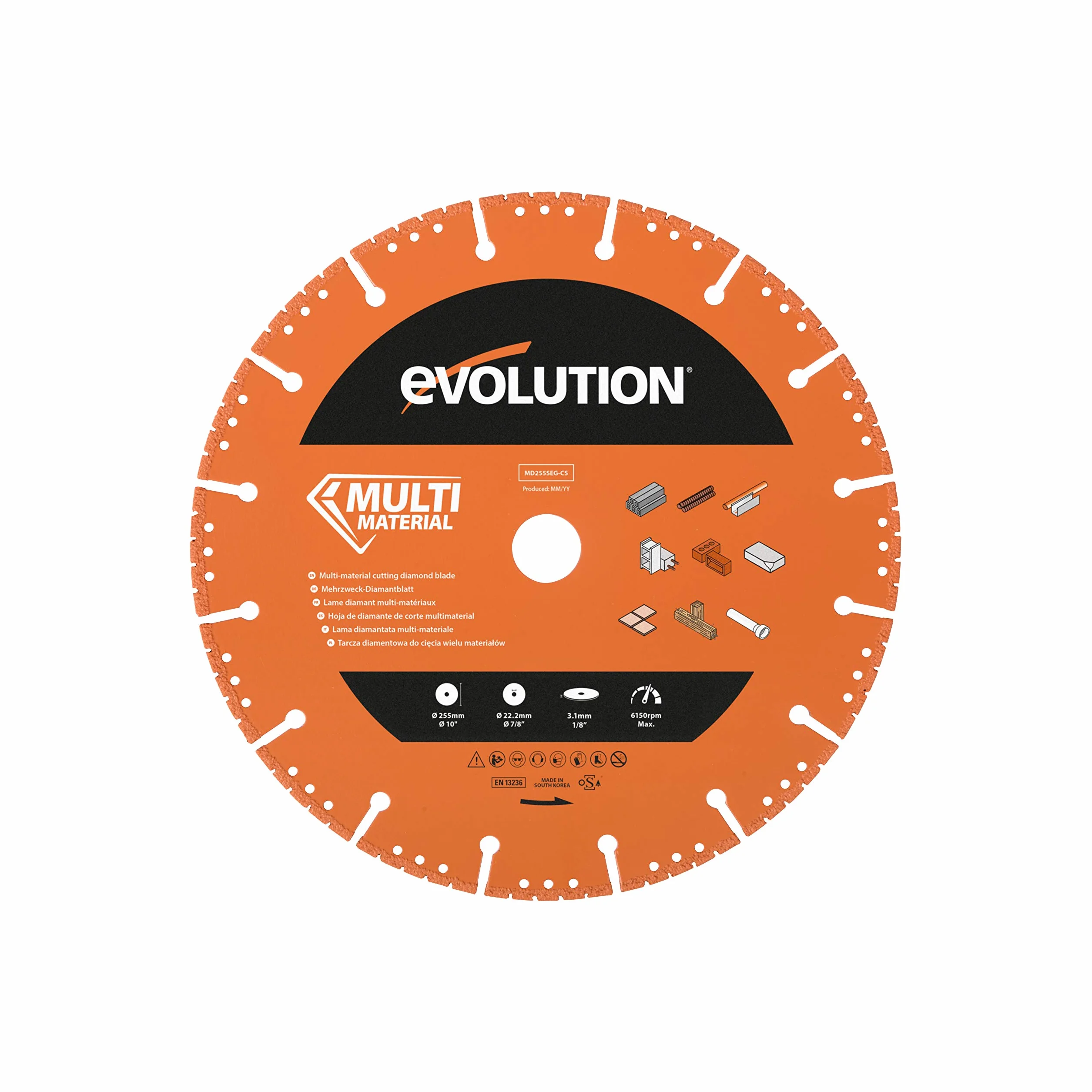 Evolution Power Tools MD255SEG-CS Tarcza diamentowa do różnych materiałów do przecinarki tarczowej/piły do betonu – tnie cegłę, metal, kamień, plastik, beton, drewno, 255 mm