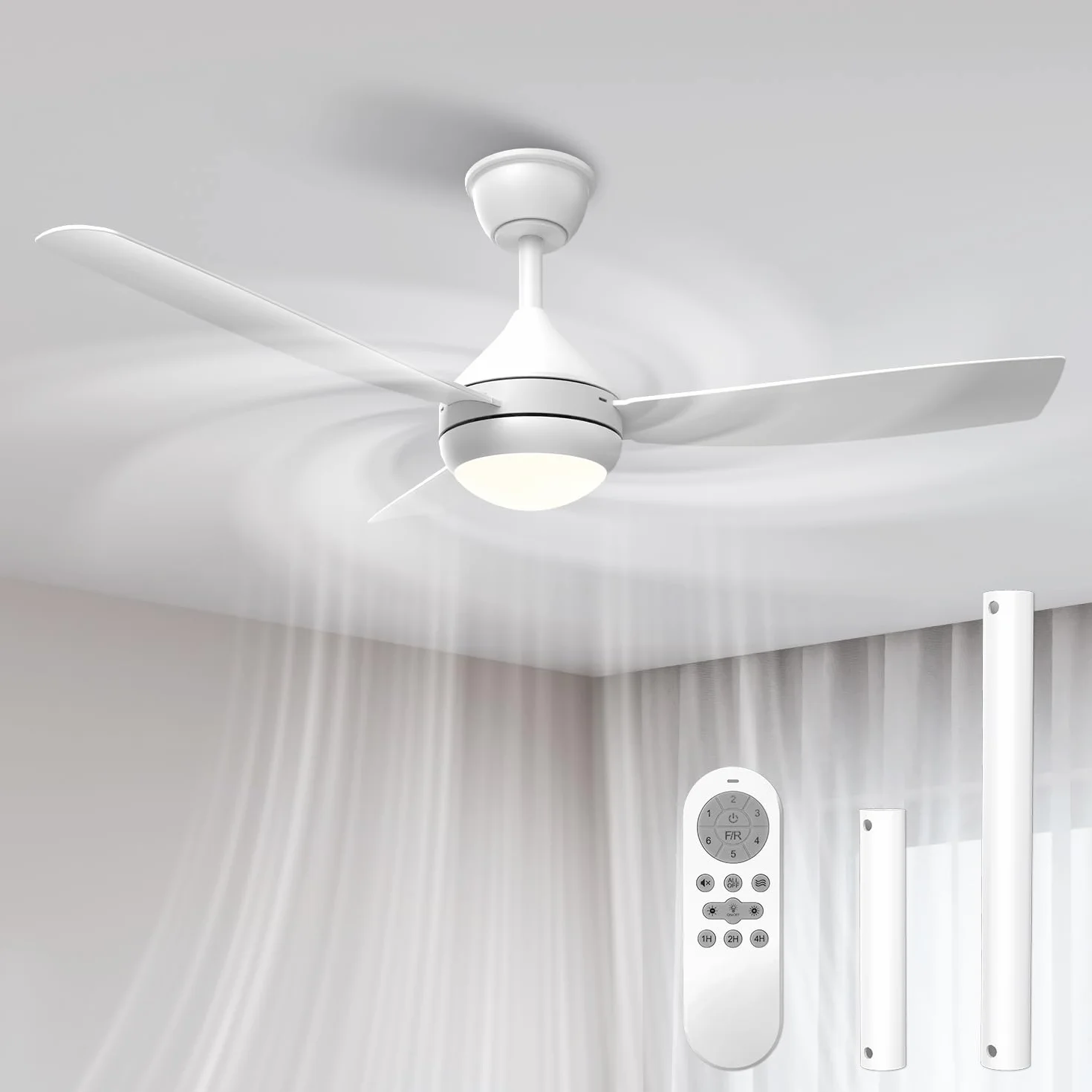 Airwit Wentylator sufitowy ze światłem 106 cm, 3 łopatki zatrzaskowe, szybki montaż, możliwość ściemniania LED 3 kolory, odwracalny silnik prądu stałego, cichy, pilot zdalnego sterowania, do sypialni