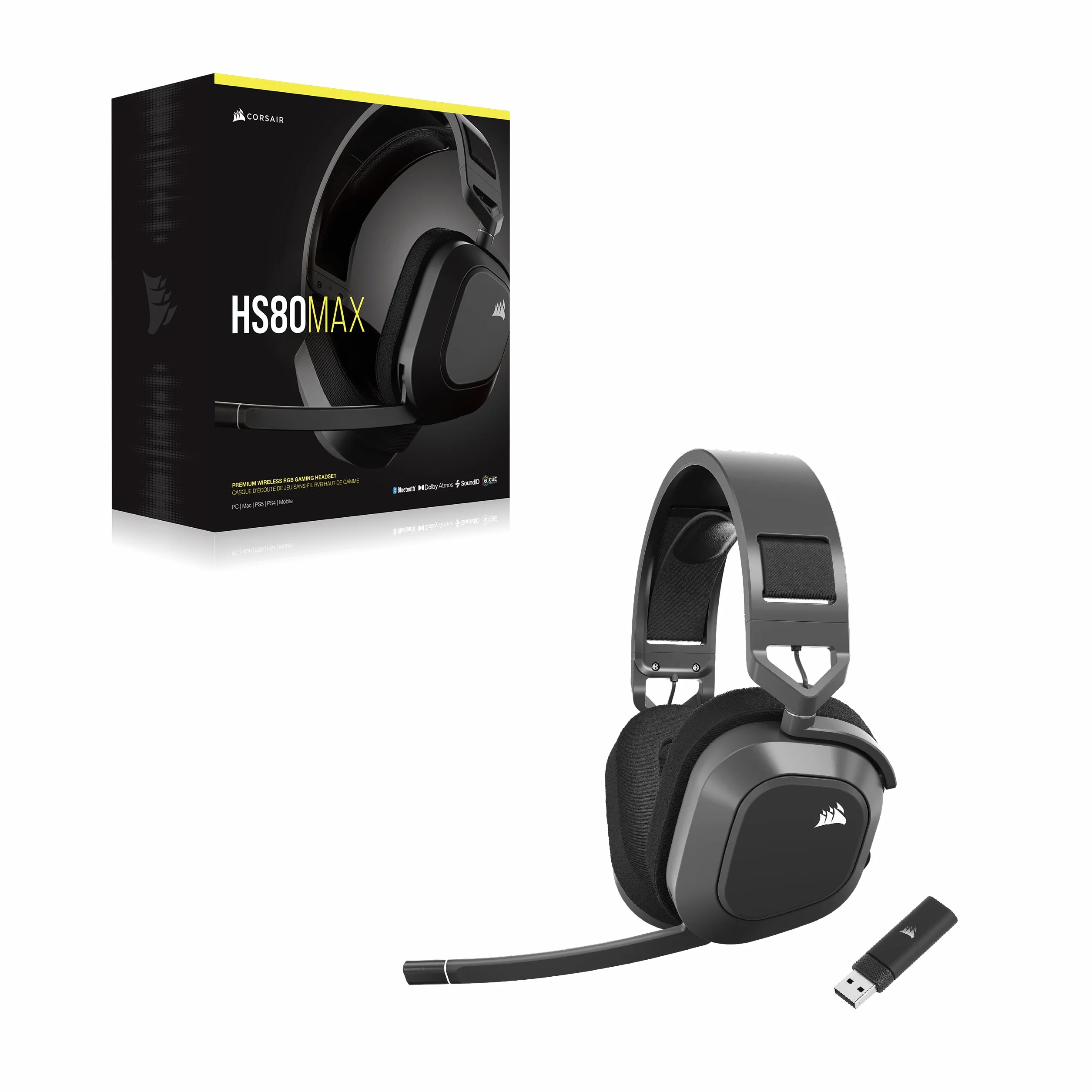 Corsair HS80 MAX WIRELESS Wieloplatformowy Zestaw Słuchawkowy do Gier z Bluetooth – Dolby Atmos – Mikrofon o Jakościowej Transmisji – Kompatybilny z iCUE – PC, Mac, PS5, PS4, Mobile – Stalowoszary