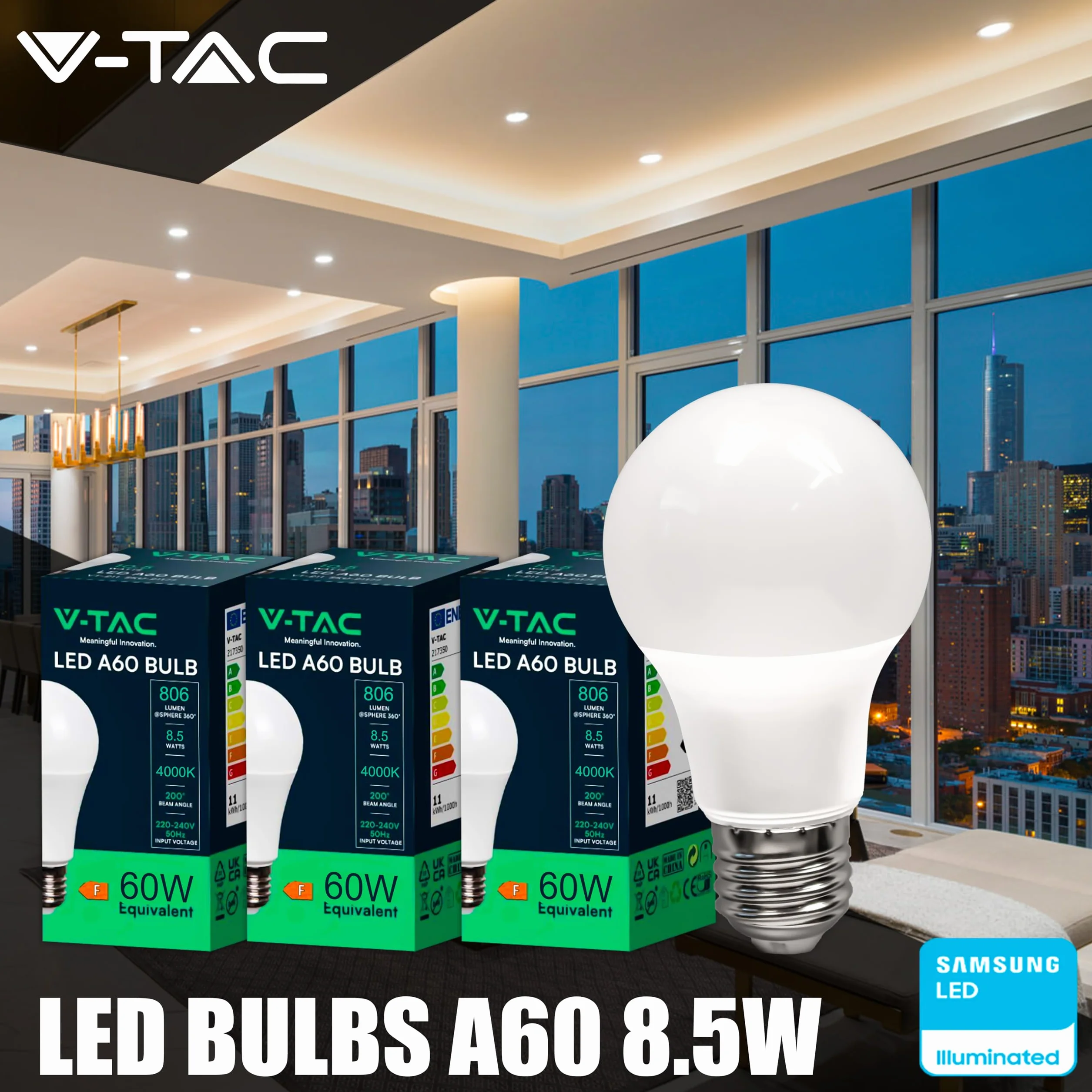 V-TAC 10 żarówek LED E27, Edison - A60, 8,5 W (odpowiednik 60 W) - 806 lumenów - 4000 K neutralna biel - otwór wiązki światła 200° - maksymalna wydajność i niskie zużycie energii, VT-2099-10