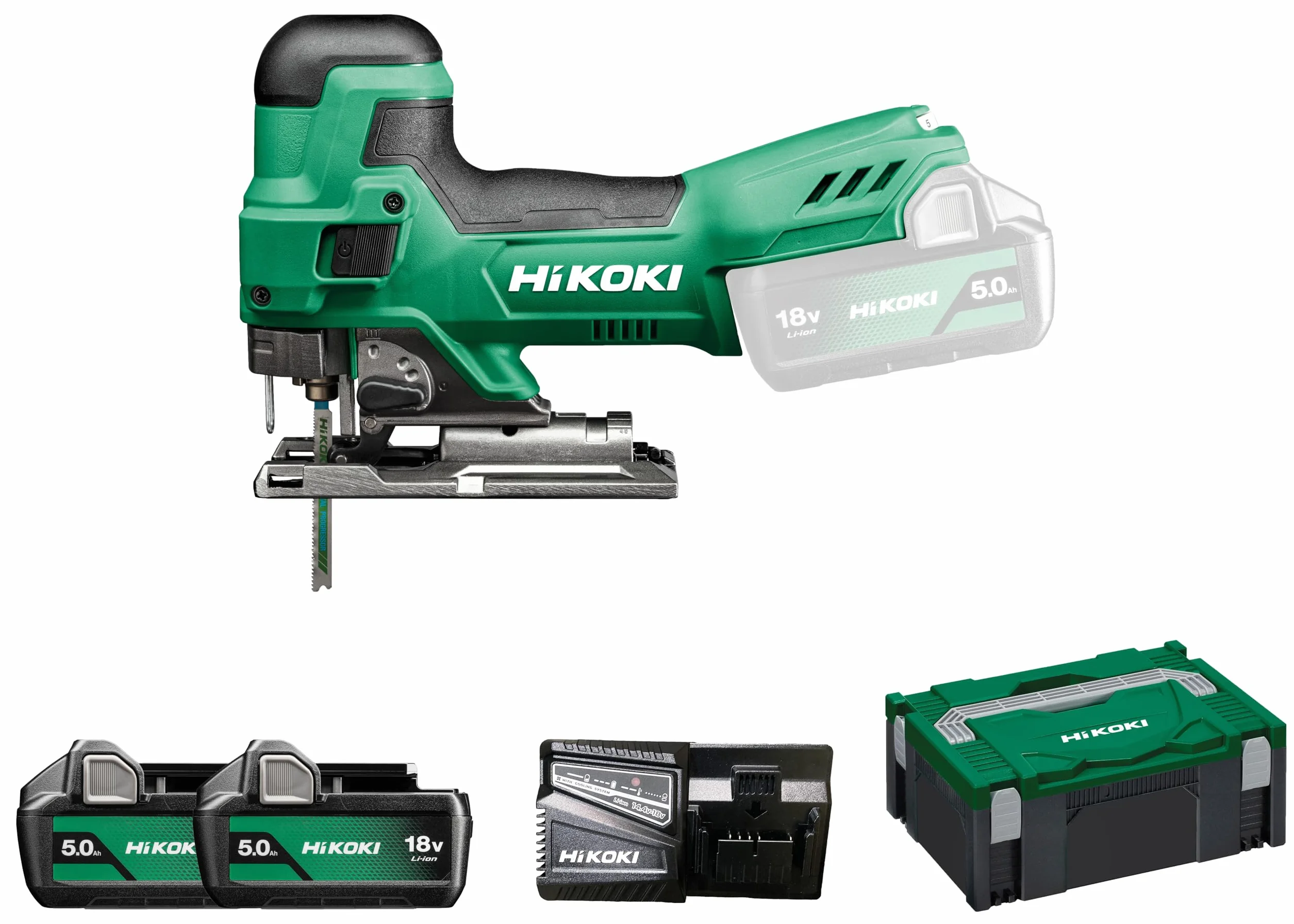 HIKOKI Akumulatorowa wyrzynarka CJ18DB (18 V (2 x 5,0 Ah) litowo-jonowa, skok piły: 26 mm, prędkość skokowa: 550-2500 min-1, cięcia ukośne R/L: 45°, najmniejszy promień cięcia: 25 mm) akcesoria w
