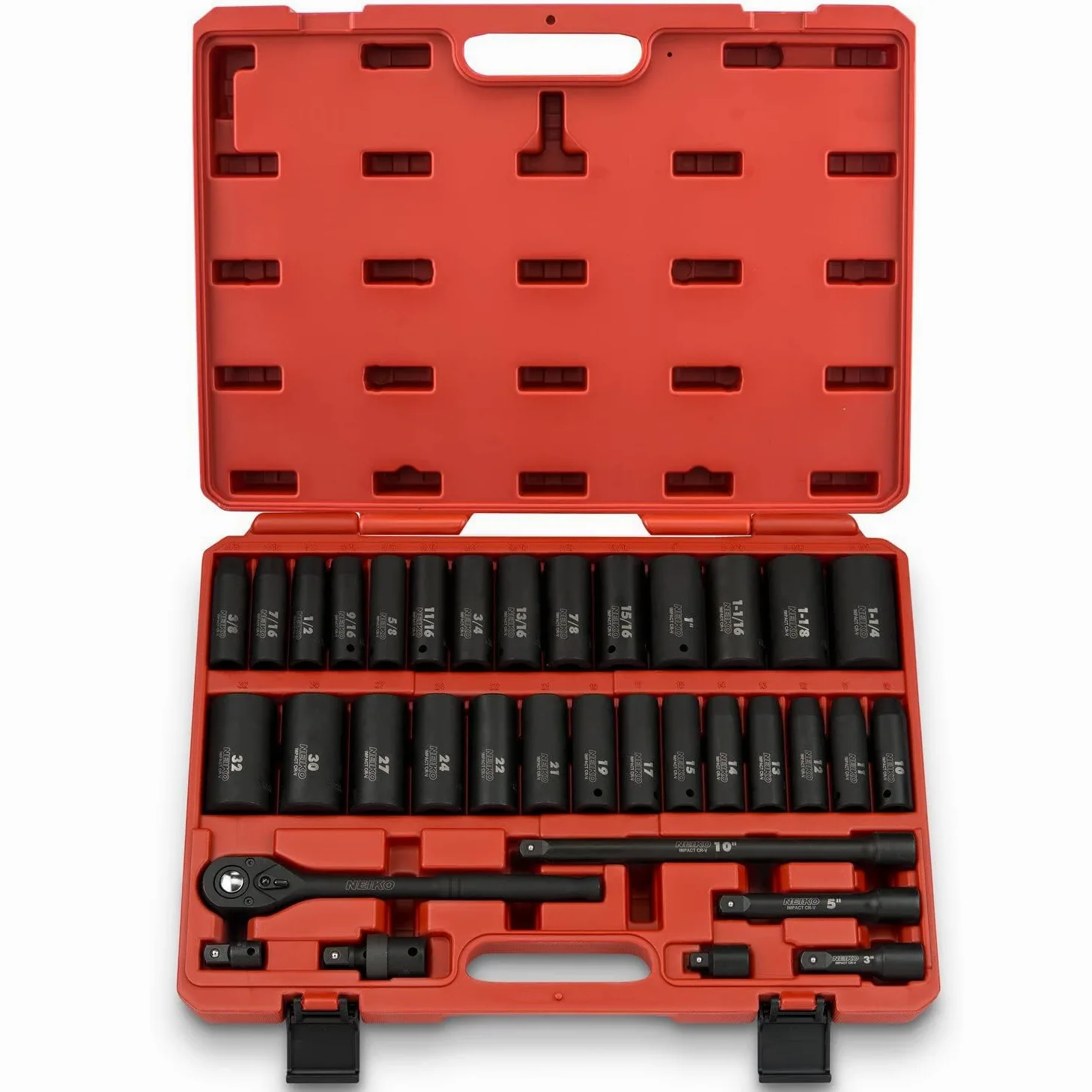 NEIKO 02446A 1/2" Impact Socket Set, 35 Piece, Deep Socket Kit Assortment, Standard SAE (3/8”-1-1/4”) and Metric MM (10-32mm) Sizes, Includes Ratchet Handle and Impact Extension Bars