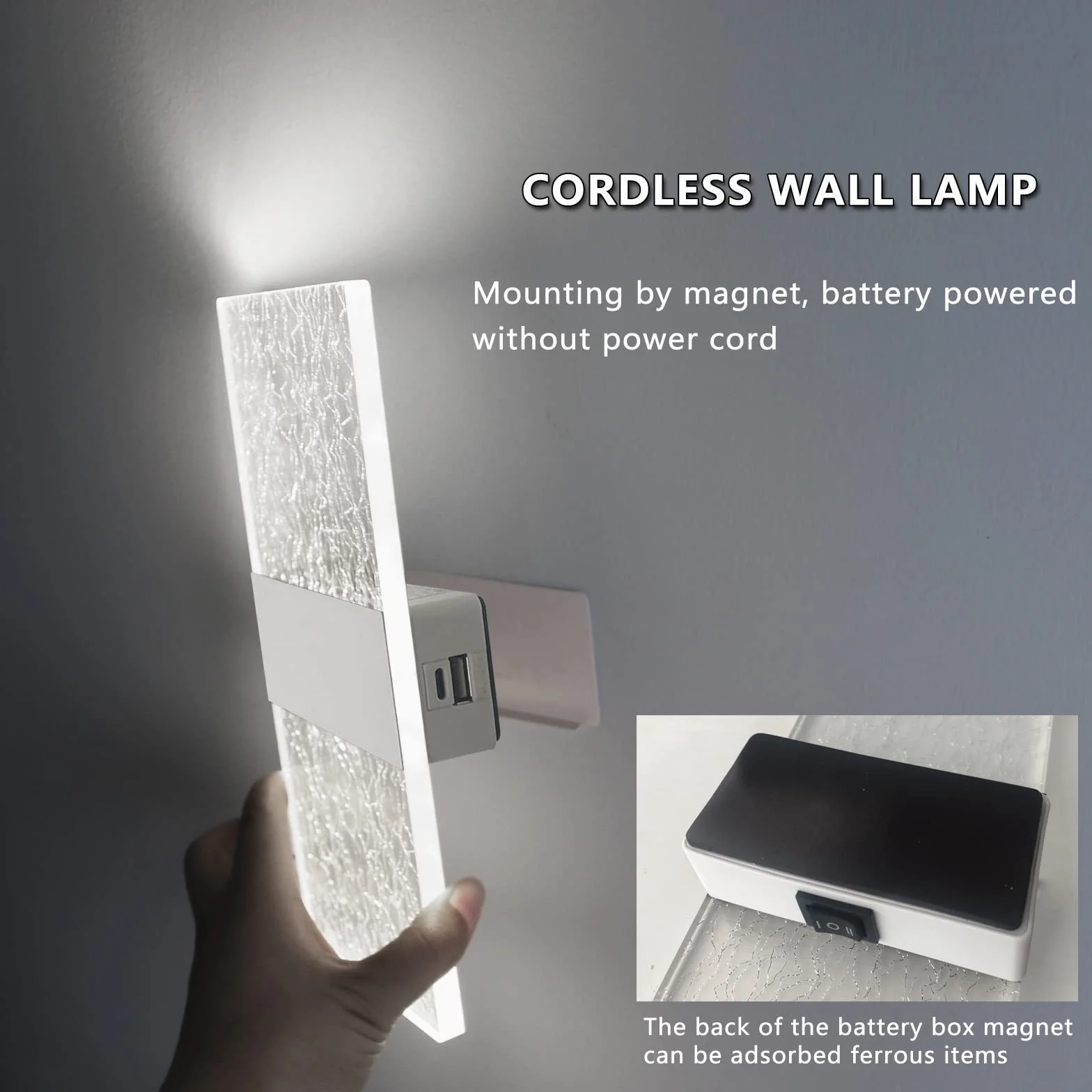 VOMI Bezprzewodowa lampa ścienna LED na baterie, lampa ścienna do sypialni z akumulatorem USB, lampka nocna z przełącznikiem, zestaw 2 lamp magnetycznych 6000K, oświetlenie ścienne 3 regulowana