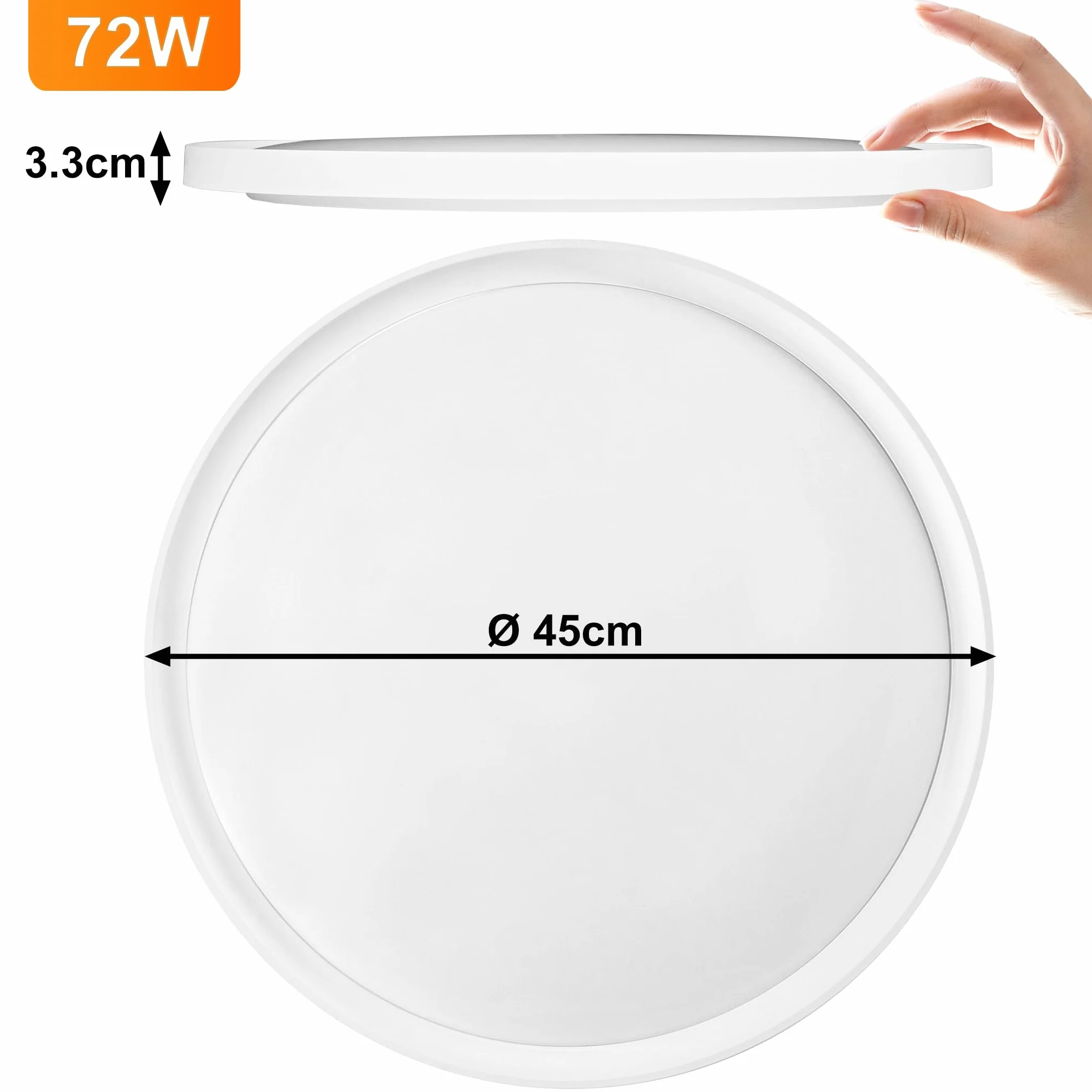 AufuN Lampa sufitowa LED, płaska, okrągła, ciepła biel, 72 W, 3000-4000 K, IP44, wodoodporna, nowoczesna lampa łazienkowa, lampa kuchenna do kuchni, łazienki, sypialni, korytarza, piwnicy, Ø 45 cm
