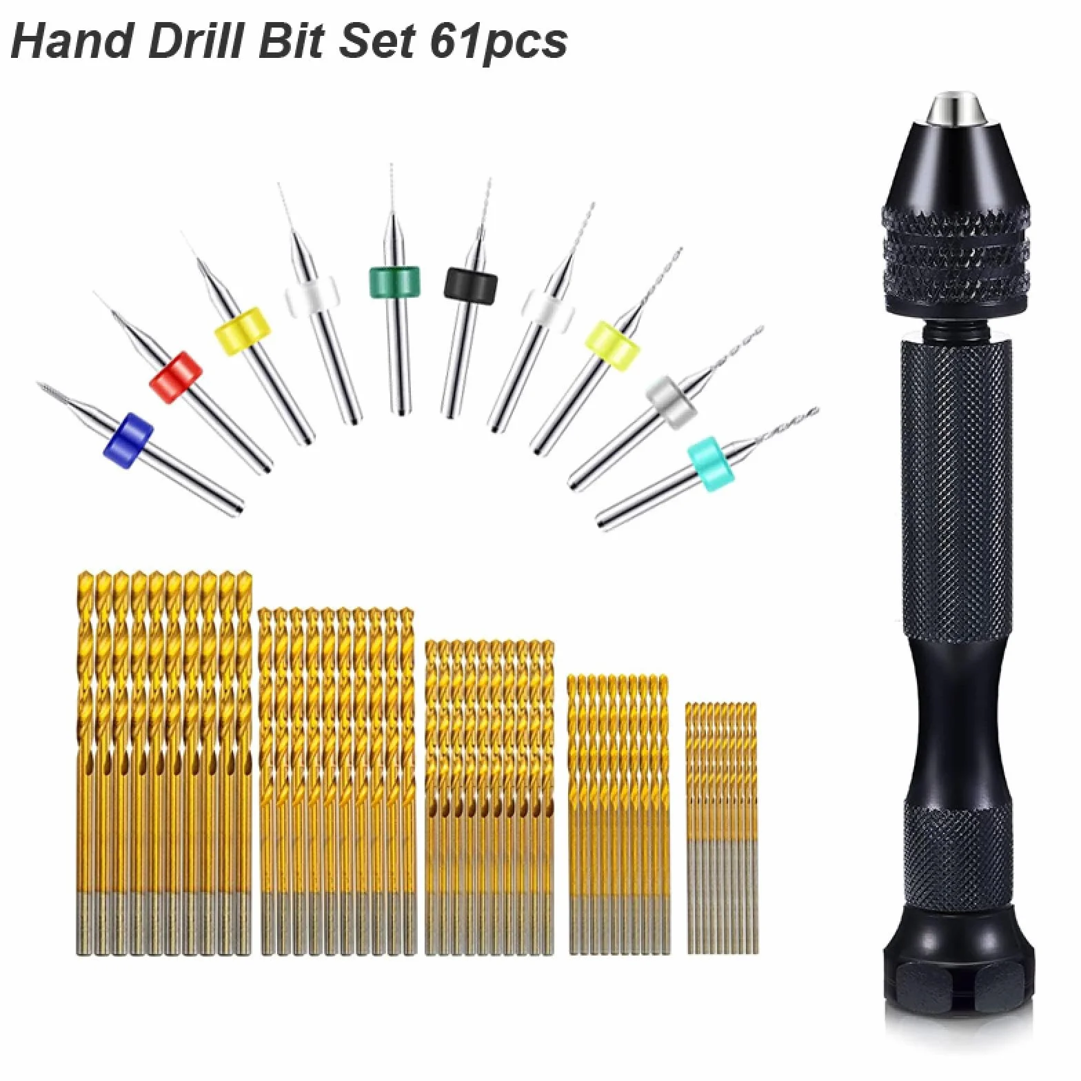 Zestaw wierteł ręcznych Micro Mini Pin Vise Twist Bit do majsterkowania, rzeźbienia w żywicy, polimerowej glinie i tworzeniu biżuterii z tworzyw sztucznych (zestaw wierteł ręcznych 61 szt.)