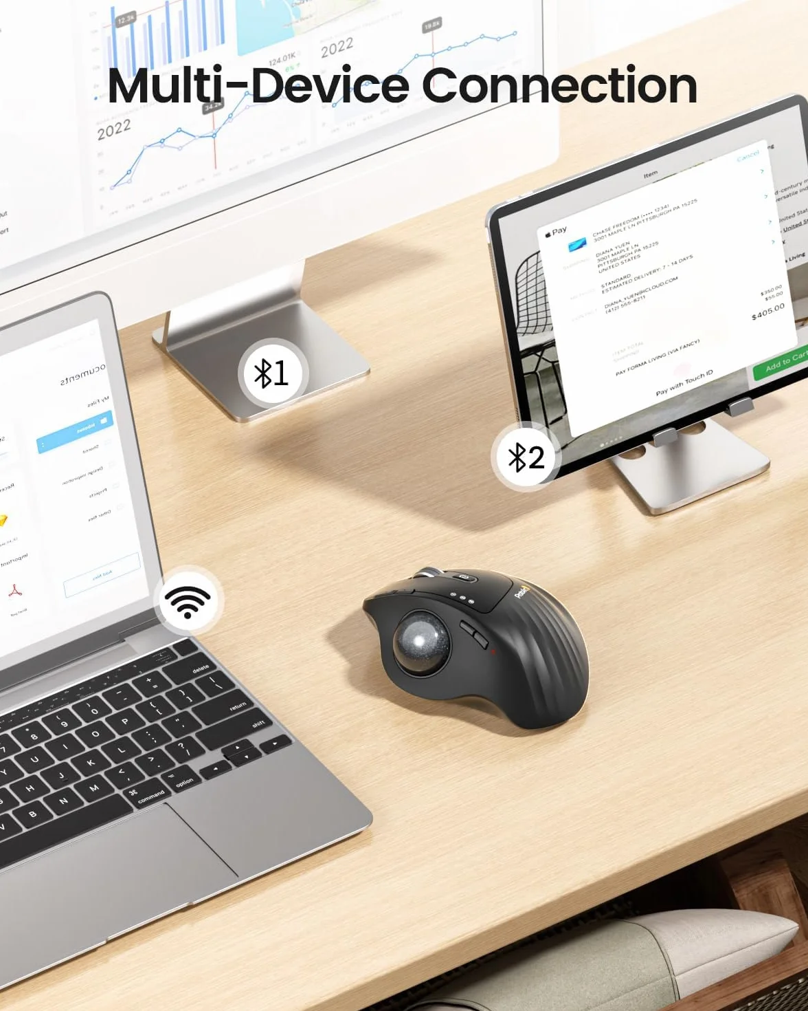 ProtoArc EM01 Bezprzewodowa mysz Trackball ergonomiczna Bluetooth ładowalna regulowany kąt 3 przyłącza szara