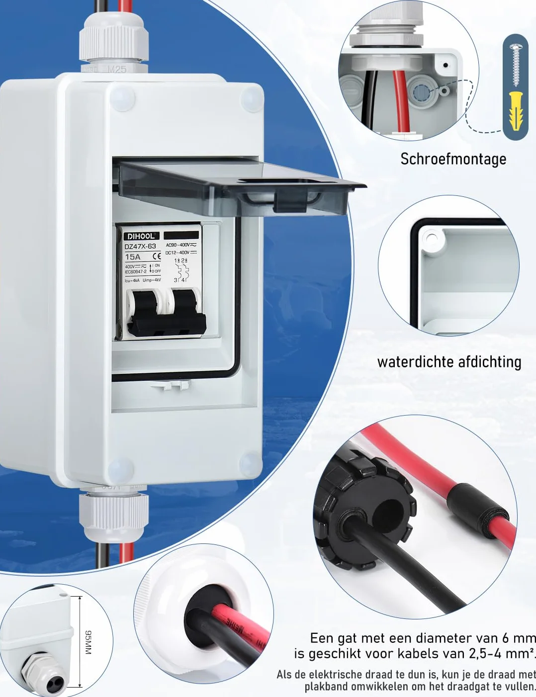 DIHOOL Bezpiecznik DC 16A, 2-biegunowy, z 3 modułami, skrzynka bezpiecznikowa, natynkowa, IP65, wodoszczelny, do elektrowni balkonowych (DC 12V-400V)