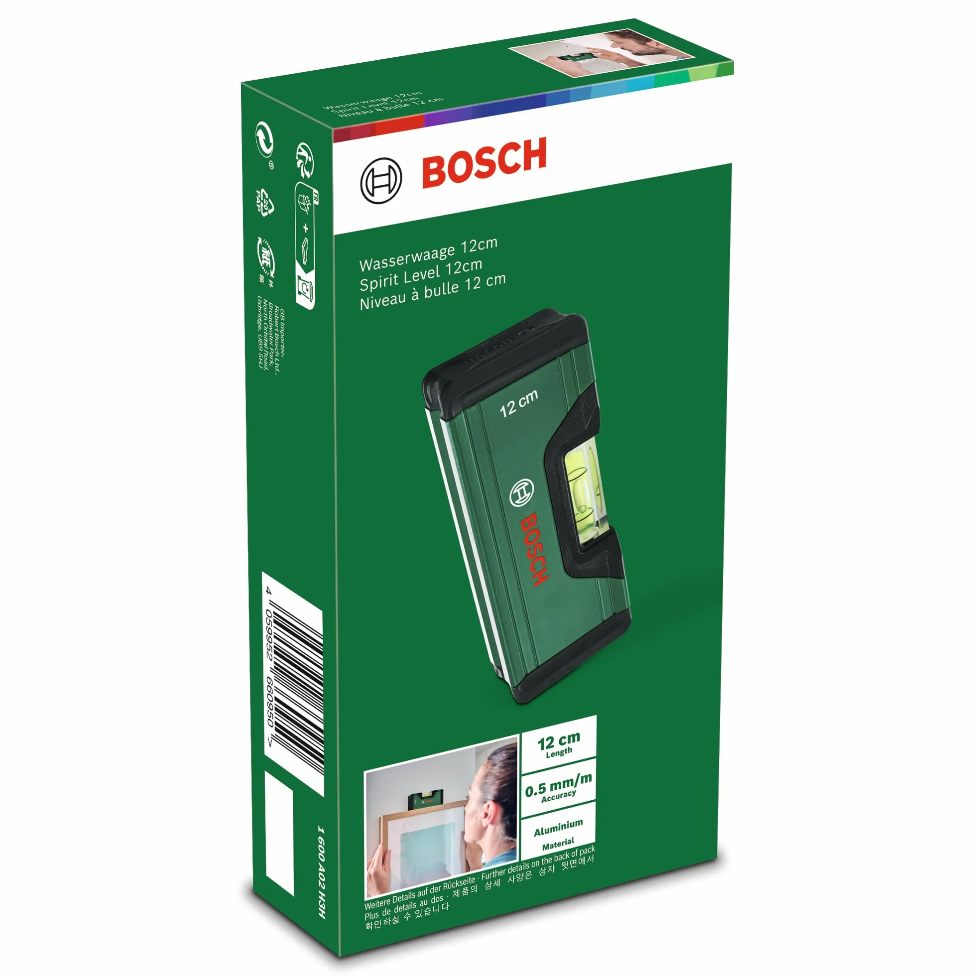 Bosch poziomica 12 cm (mini poziomica; precyzyjne wyrównywanie z 2 fluorescencyjne libelle do odczytu w poziomie; skala metryczna; aluminiowy korpus; stopery z okładziną Softgrip; rowek typu V)