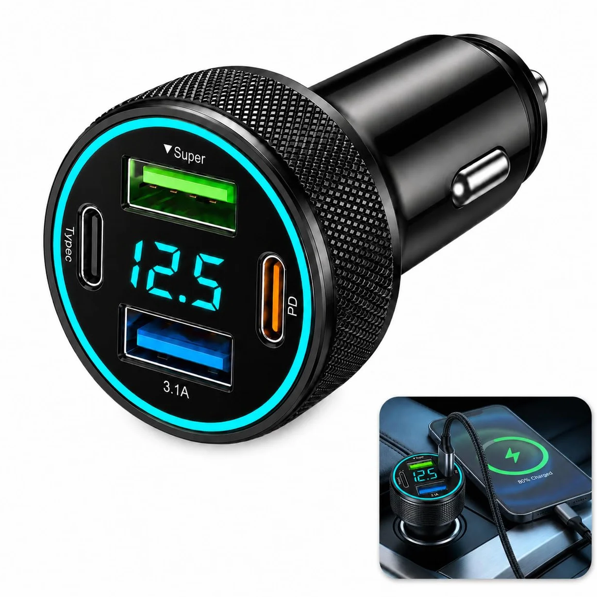 Ładowarka samochodowa 67,5W 4 porty USB C PD 30W USB A QC 22,5W z wyświetlaczem LED napięcia 12V/24V