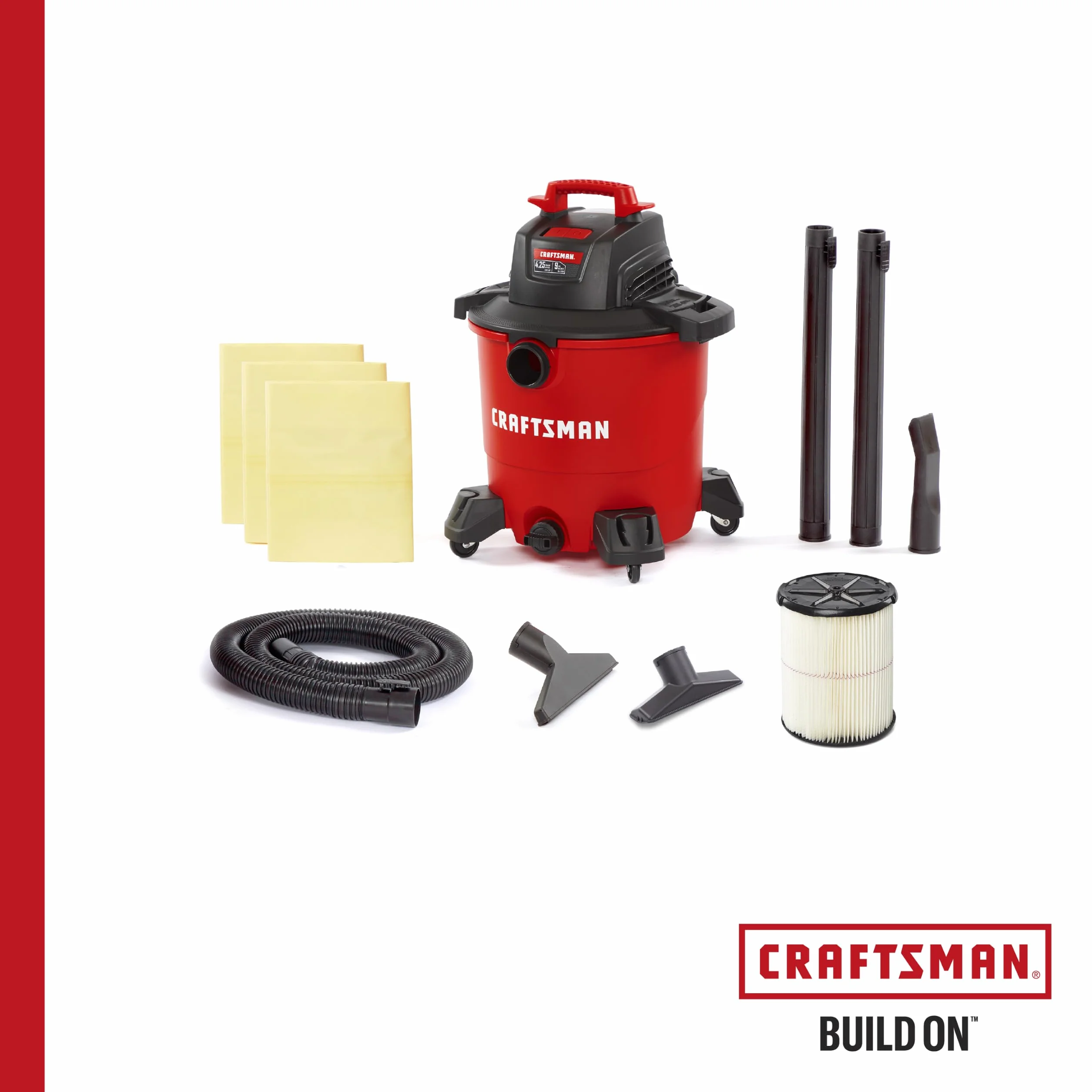 Craftsman CMXEVBE18590 Przenośny odkurzacz ogólnego zastosowania z 3 workami do zbierania kurzu i akcesoriami, kolor czerwony