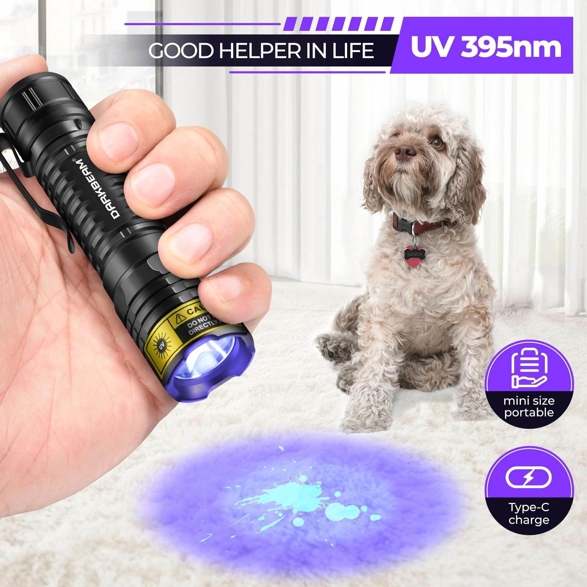 DARKBEAM Latarka UV 395nm Blacklight Czarne światło LED, Mini potężna Woodsche Lampa Latarki ultrafioletowe USB -C Akumulator Detektor moczu dla Pies do szkła uranowego, Plamy, utwardzania żywicy