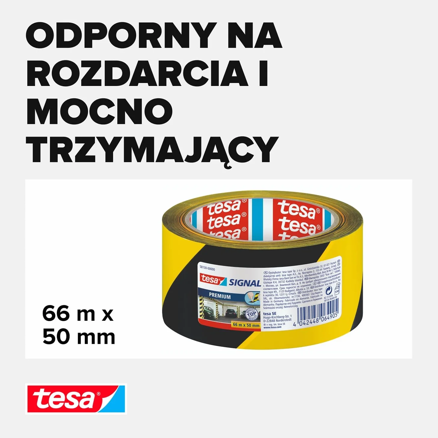 tesa Signal samoprzylepna taśma ostrzegawcza do oznaczania stref niebezpiecznych – wykonana z wytrzymałego PCW – 66 m x 50 mm – czarna/żółta