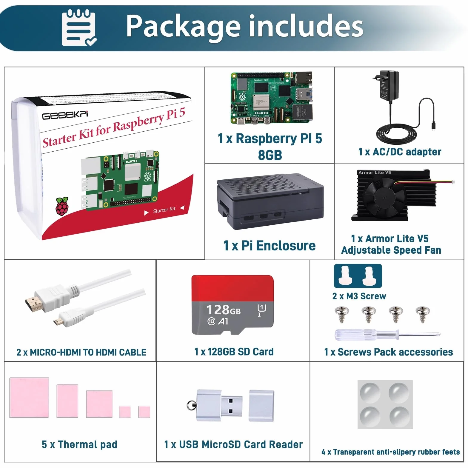 GeeekPi Zestaw startowy dla Raspberry Pi 5 8 GB, w tym płytka RAM Pi 5 8 GB, karta SD 128 GB i czytnik kart, obudowa ABS Pi 5 z aktywną chłodnicą Armor Lite V5, zasilacz 27 W 5,1 V 5 A USB C