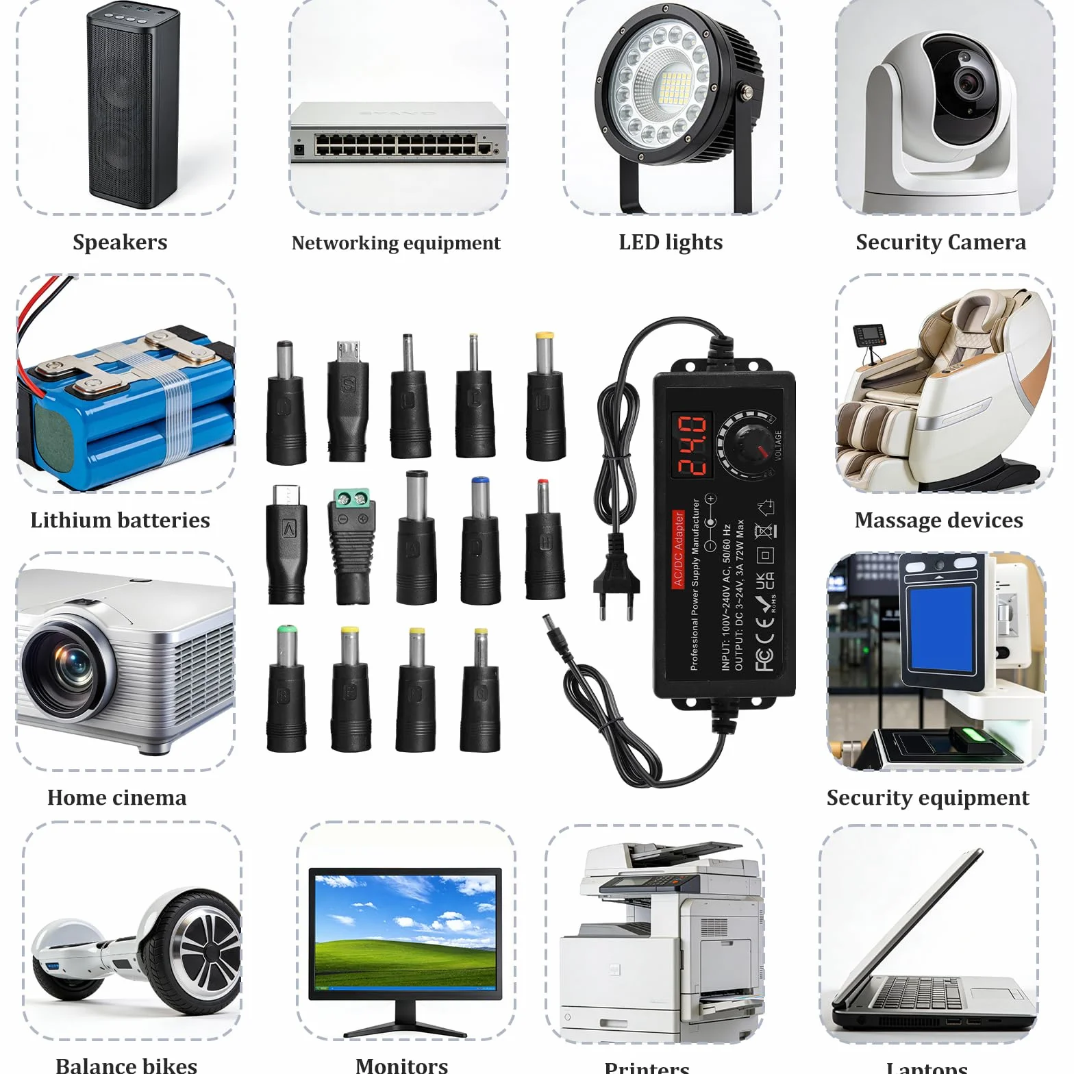 Uniwersalny zasilacz 3 V-24 V, regulowany zasilacz 100 V-240 V AC do DC ze wskaźnikiem napięcia LED 3 A 72 W, regulowany adapter sieciowy 5,5 x 2,5 mm, 16 końcówek, regulowany adapter sieciowy
