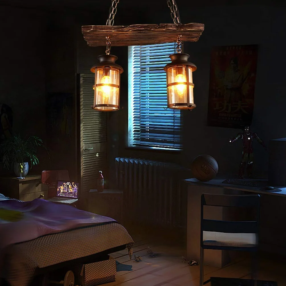 Lampa wisząca z drewna, przemysłowa lampa wisząca w stylu vintage, oświetlenie wewnętrzne, żyrandol loft, żelazo i szkło, abażur z regulacją wysokości, do jadalni, baru, salonu, lampa sufitowa