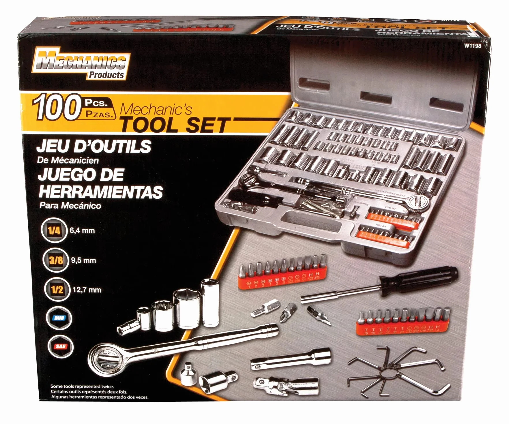 Performance Tool W1198 100 nasadek imperialnych i metrycznych (1/4", 3/8" i 1/2") oraz zestaw bitów