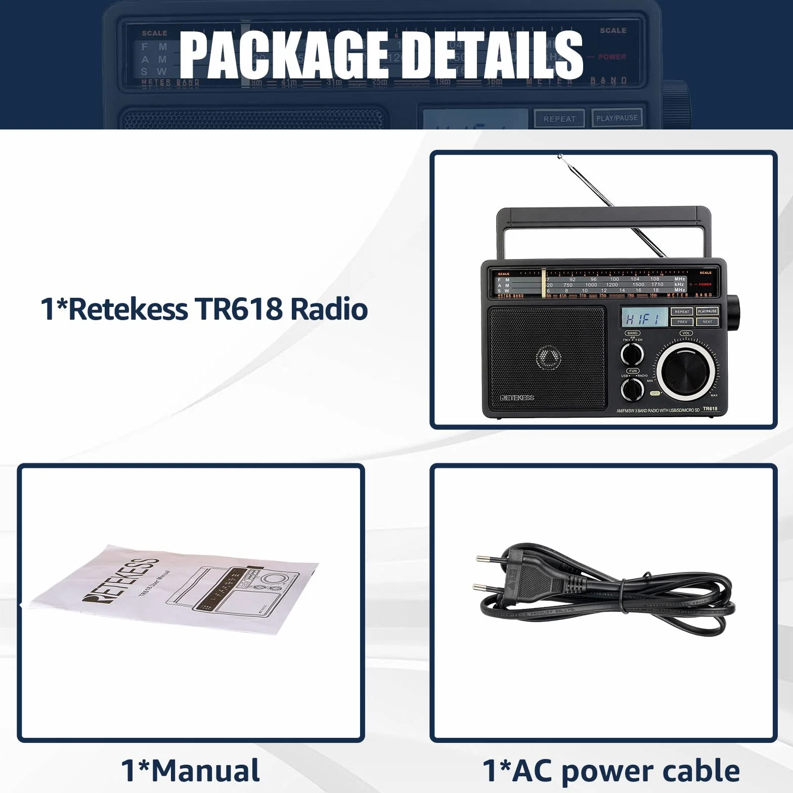 Retekess TR618 Przenośne Radio FM AM SW Analogowe Krótkofalowe USB SD/TF Gniazdo Słuchawkowe Zasilanie Sieciowe Akumulator Ciemnoszary