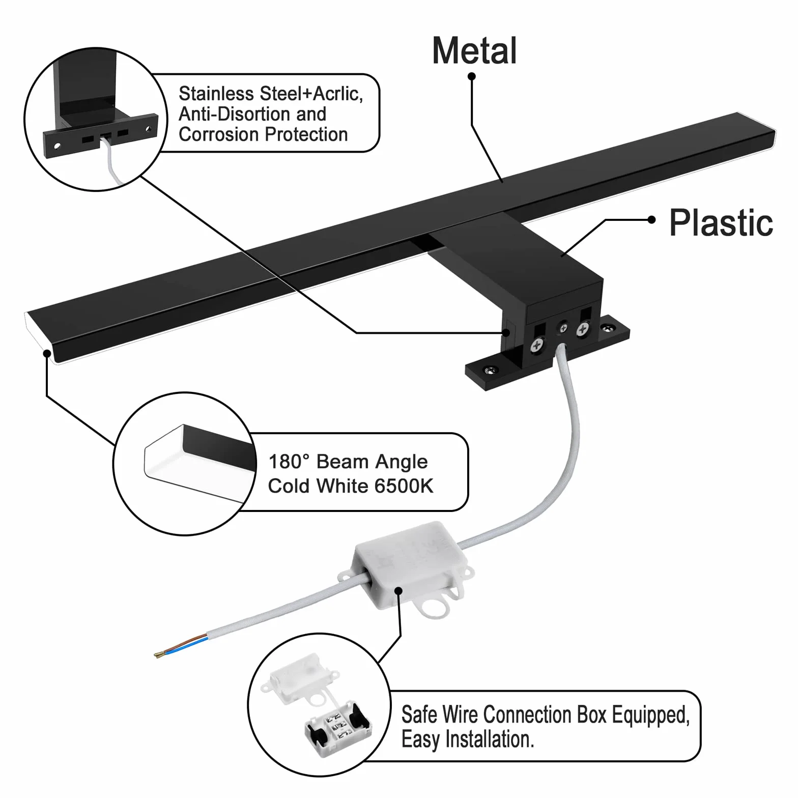 LED oświetlenie lustra łazienkowego 10W 820LM, 40cm kinkiet lampa lustrzana z neutralną bielą 6000k,3 w 1 230V oświetlenie lustra szafki łazienkowej IP44 wodoodporny czarny