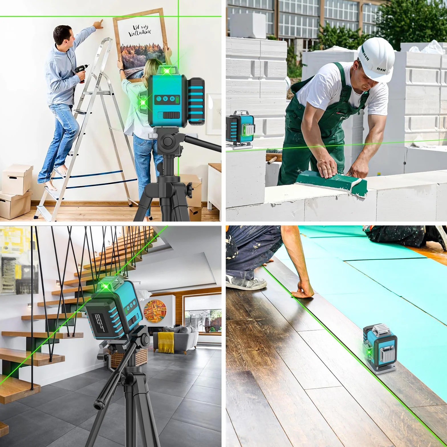 Laser krzyżowy zielony, laser 4 x 360 stopni, laser liniowy, laser krzyżowy, laserowy niwelator, laser budowlany do użytku wewnątrz i na zewnątrz, plac budowy, akumulator x 2