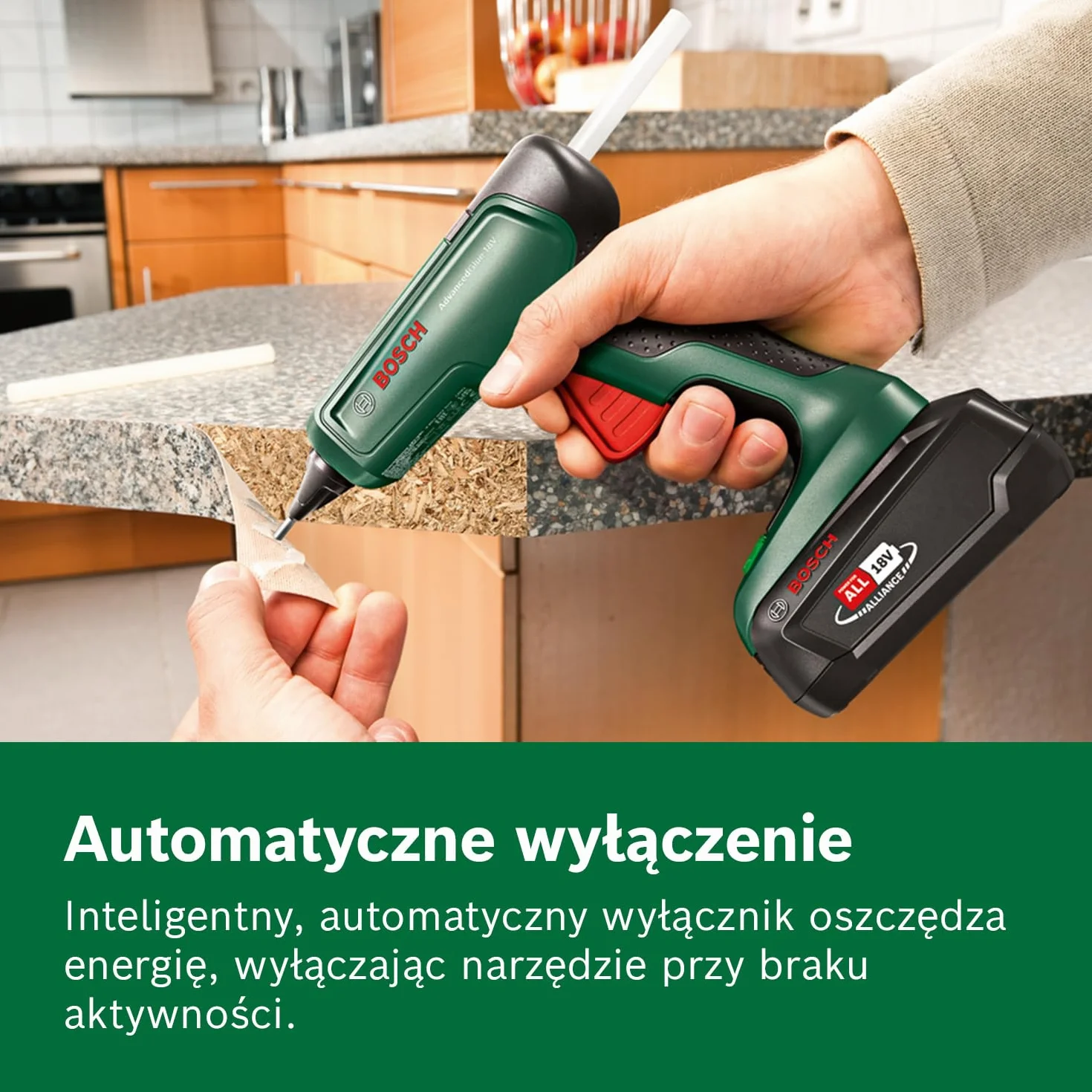 Bosch Home And Garden Akumulatorowy Pistolet do Klejenia, AdvancedGlue 18 V, bez Akumulatora, System 18 V, 4 x Sztyfty Kleju, Nagrzewanie w 90 Sekund, Tryb Dual Temp 130 °C - 200 °C