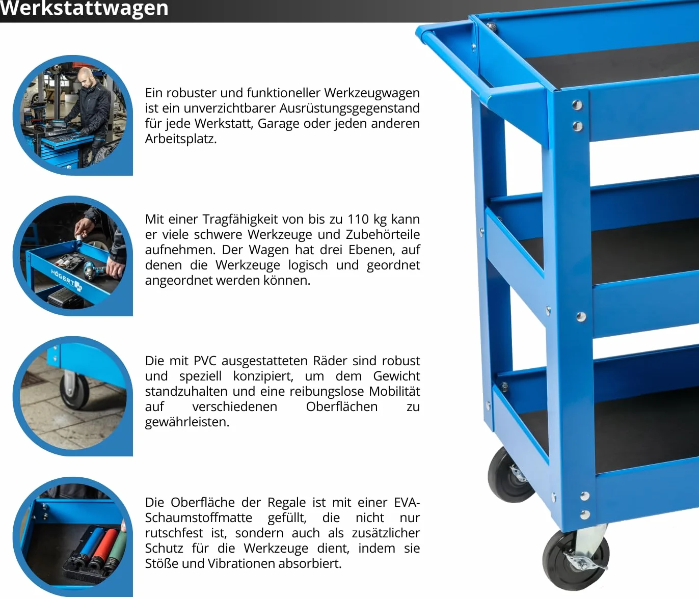 Högert Technik - Wózek warsztatowy z 3 poziomami | nośność: 110 kg | z 4 kołami z PCW | 3 poziomy o powierzchni 730 x 384 x 80 mm | szafki na narzędzia