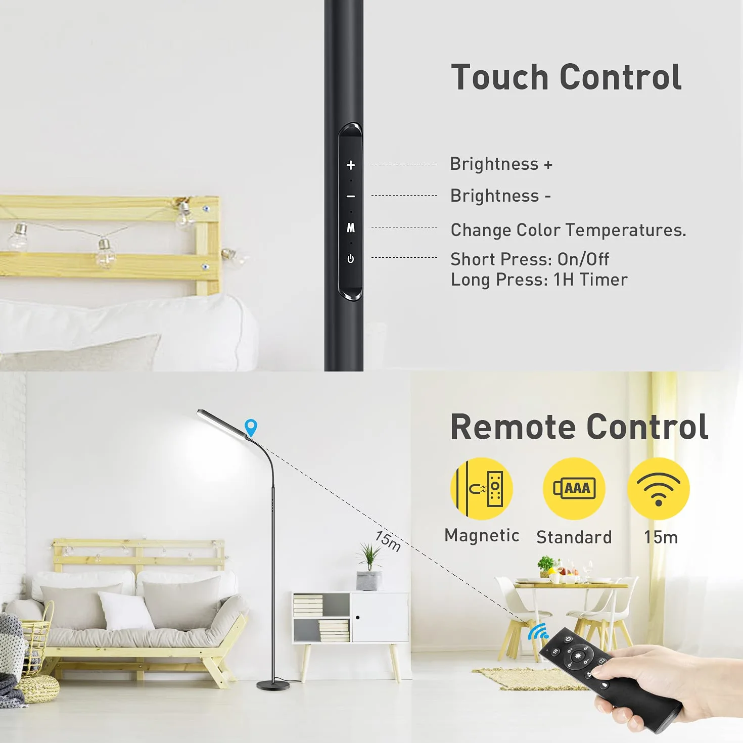 OUTON Lampa stojąca LED, ściemniana, 12 W regulowana, nowoczesna lampa do czytania z 4 temperaturami barwowymi, pilot zdalnego sterowania i sterowanie dotykowe, oświetlenie do salonu, sypialni, biura, czarna
