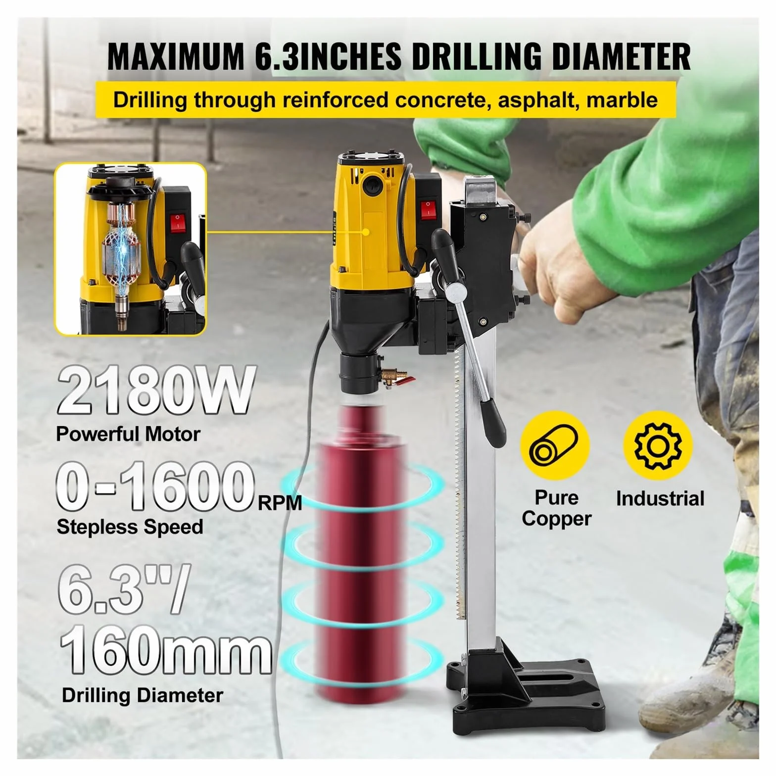 2180W diamentowa wiertnica rdzeniowa 160mm 180mm wiertła ręczna/stojak przemysłowa mokra elektryczna wiertarka rdzeniowa do betonu | [](160mm)