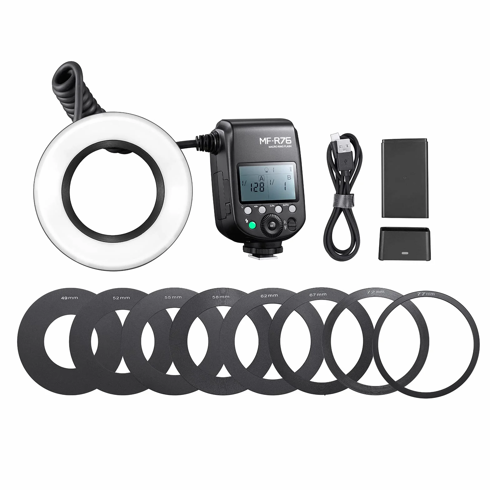 Godox MF-R76 makro pierścień lampa błyskowa GN14 10 poziomów regulowana jasność z 8 szt. adapter pierścień zamiennik do aparatu Canon Nikon Sony Fuji Olympus Panasonic Pentax DSLR