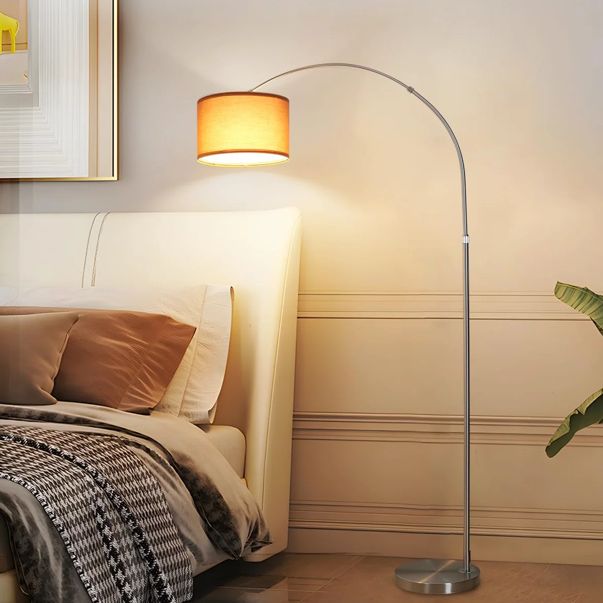 Lampa podłogowa łukowa LUNA do salonu | Zawiera gniazdo LED E27 | Czarny klosz materiałowy o długości 33 cm | Przełącznik nożny | Lampa łukowa w stylu vintage, odpowiednia do sypialni i hoteli
