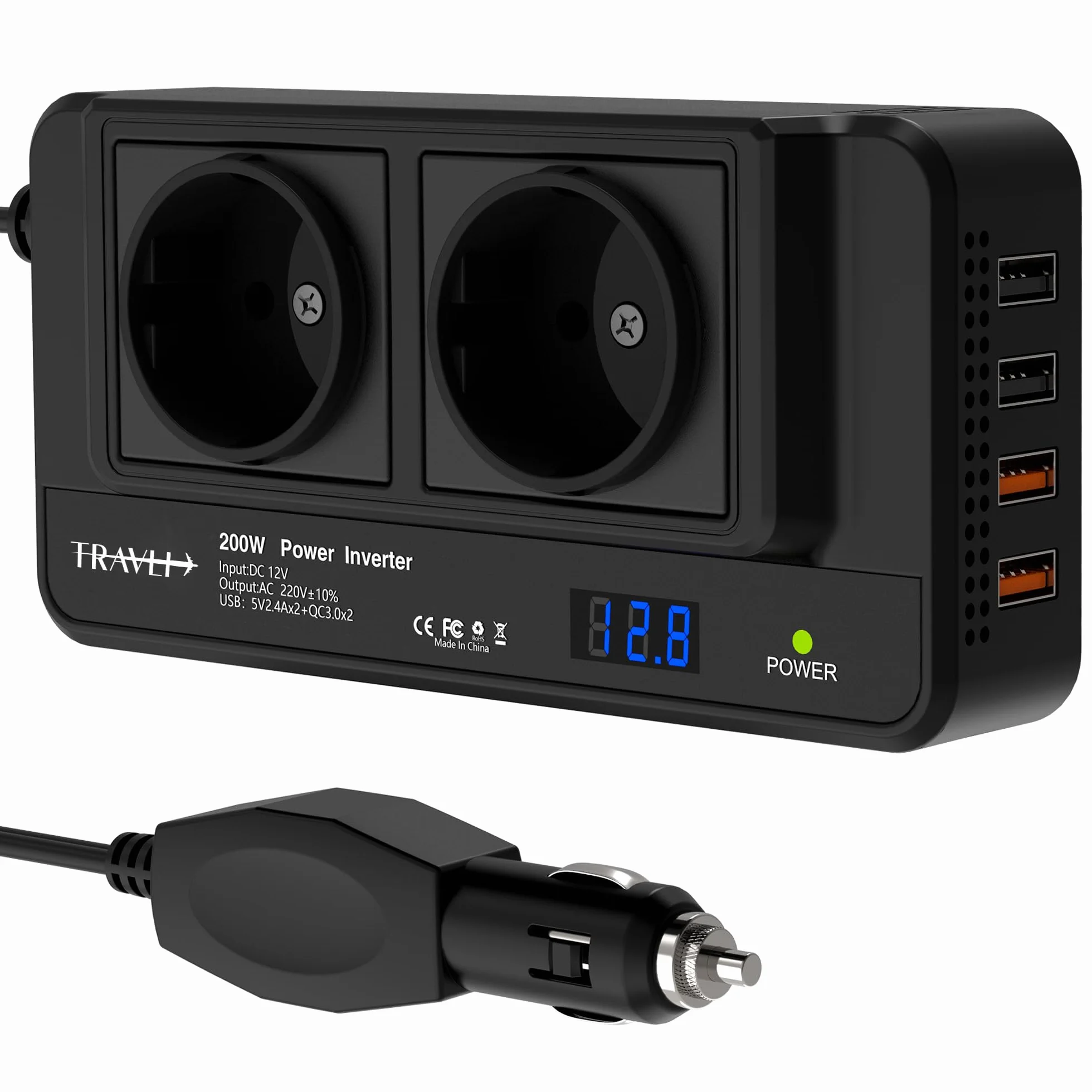 Przetwornica napięcia 12V 230V 2x gniazdo 230V 4x USB 5V