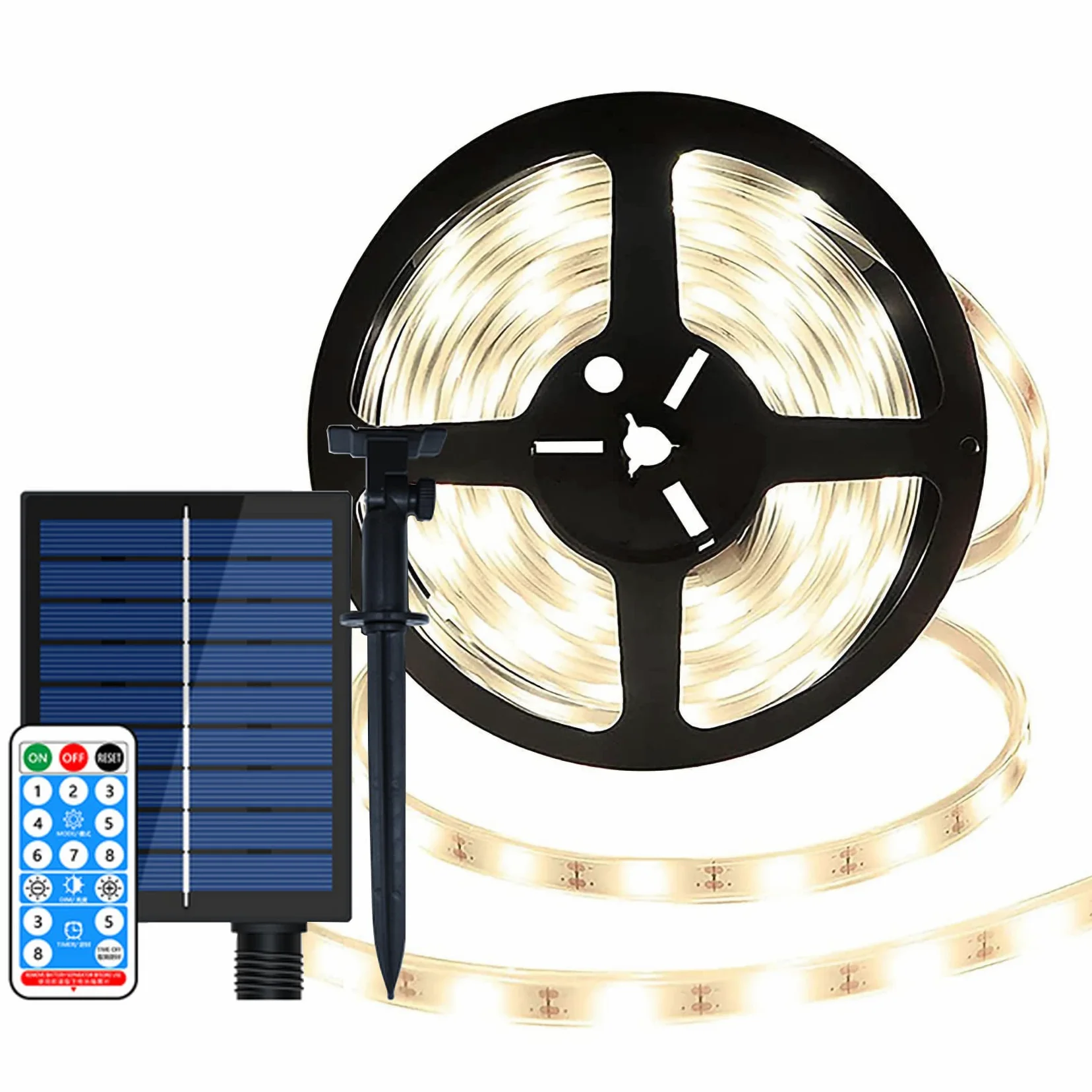 Solarna taśma świetlna LED, 10 m, 240 LED, wodoodporna, elastyczna lina, 8 trybów, z pilotem i timerem, dekoracyjne, na schody, do pawilonu, basenu, dziedzińca, na Boże Narodzenie, ciepła biel