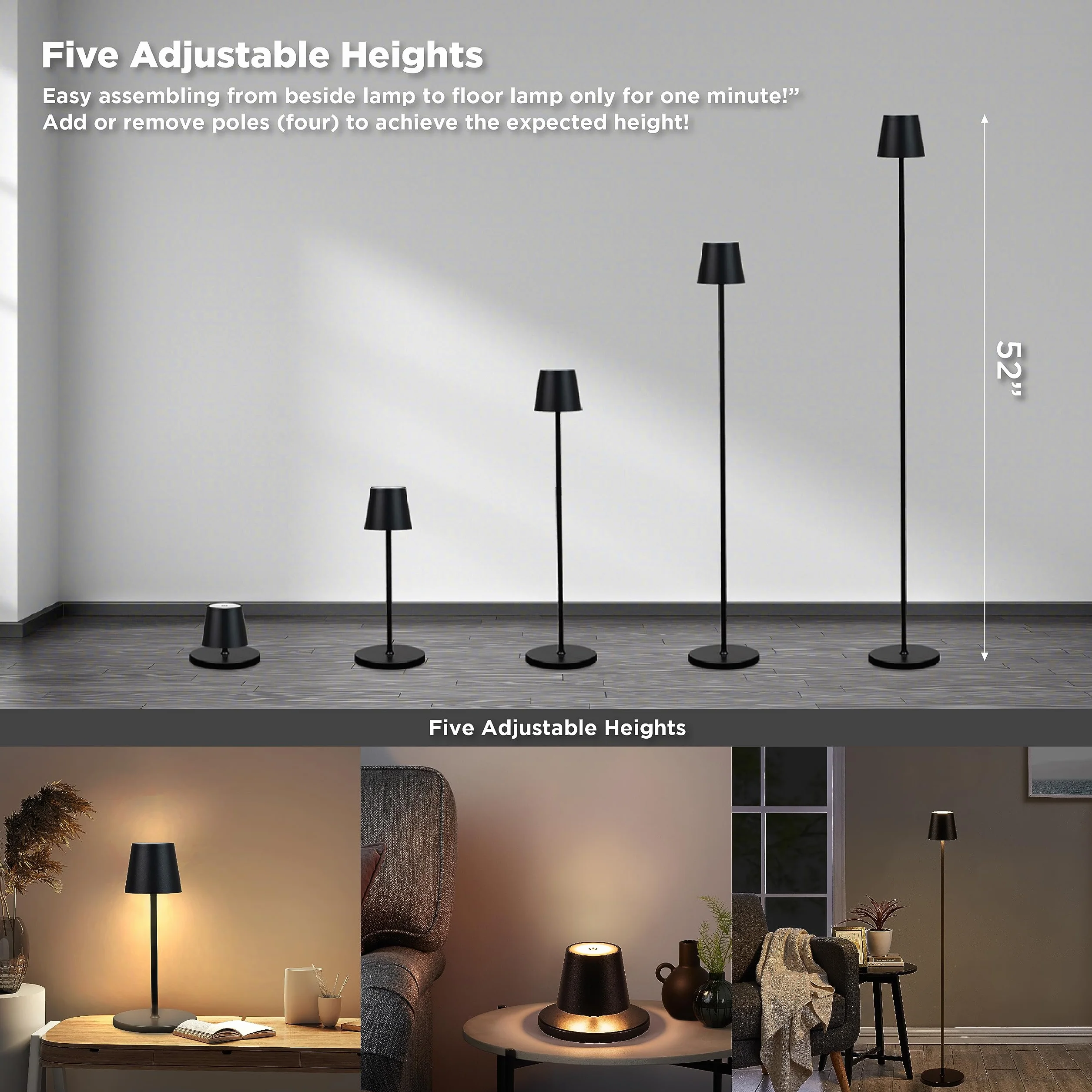 BestLuz Bezprzewodowa lampa podłogowa na zewnątrz, lampa akumulatorowa ściemnialna, 133cm 5X regulowana wysokość lampa stojąca, wodoodporna, lampa stołowa, lampa do czytania na patio, salon, sypialnia