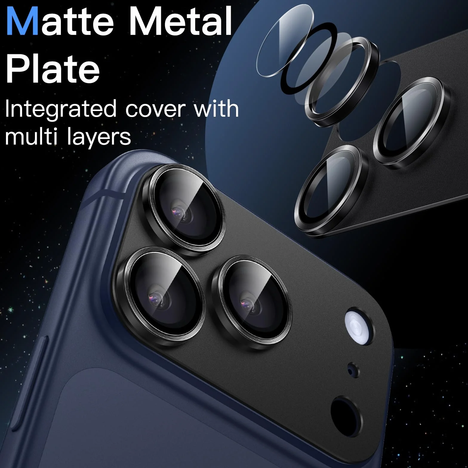 JETech Osłona Obiektywu Aparatu iPhone 17 Pro 6,3 Cala 9H Szkło Hartowane Matowe Metalowa Płytka Czarny