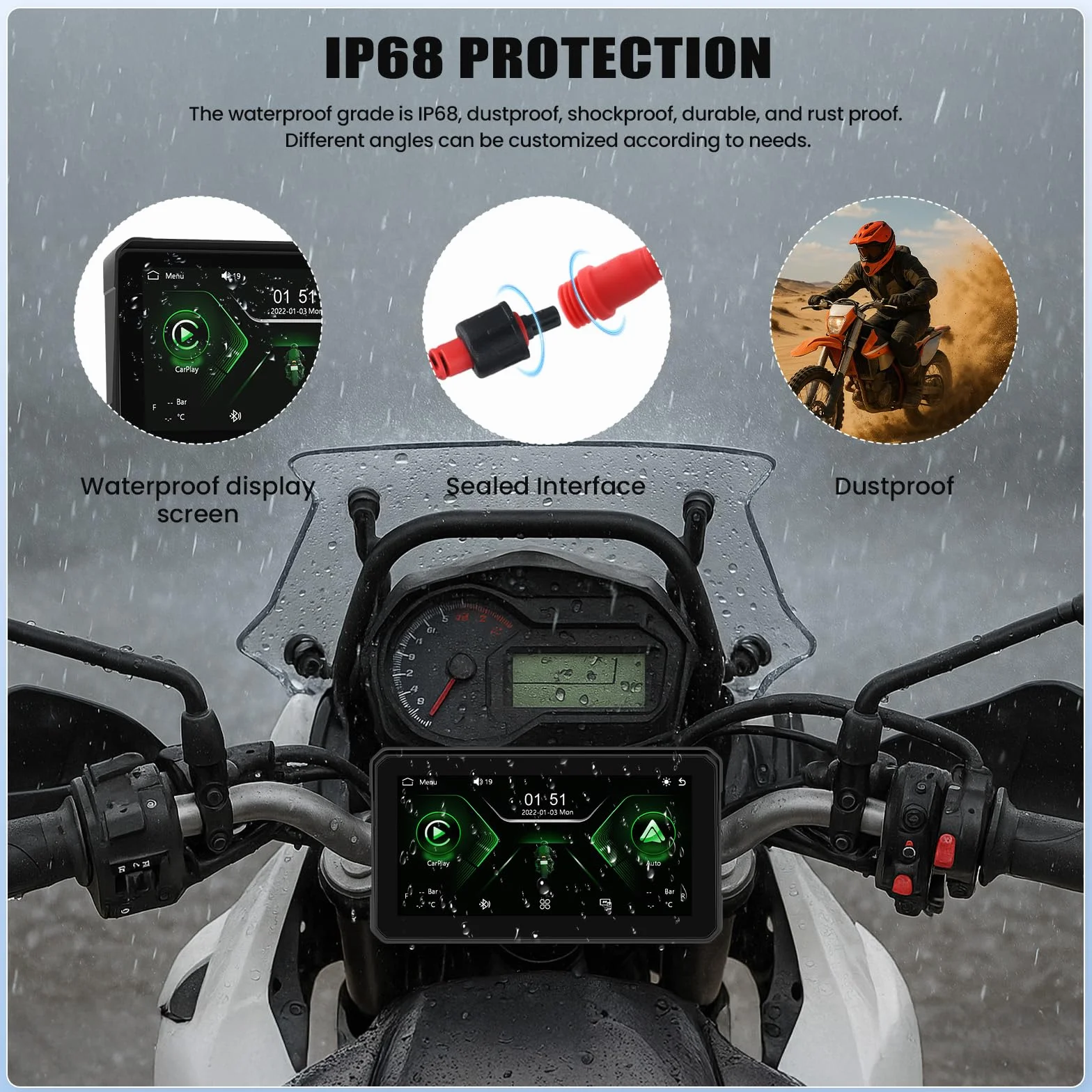 Przenośny wyświetlacz CarPlay motocyklowy bezprzewodowy IP68 wodoszczelny GPS Bluetooth