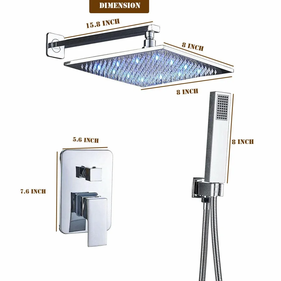 Chromowany system baterii prysznicowej z głowicą deszczową LED i zaworem kranowym.