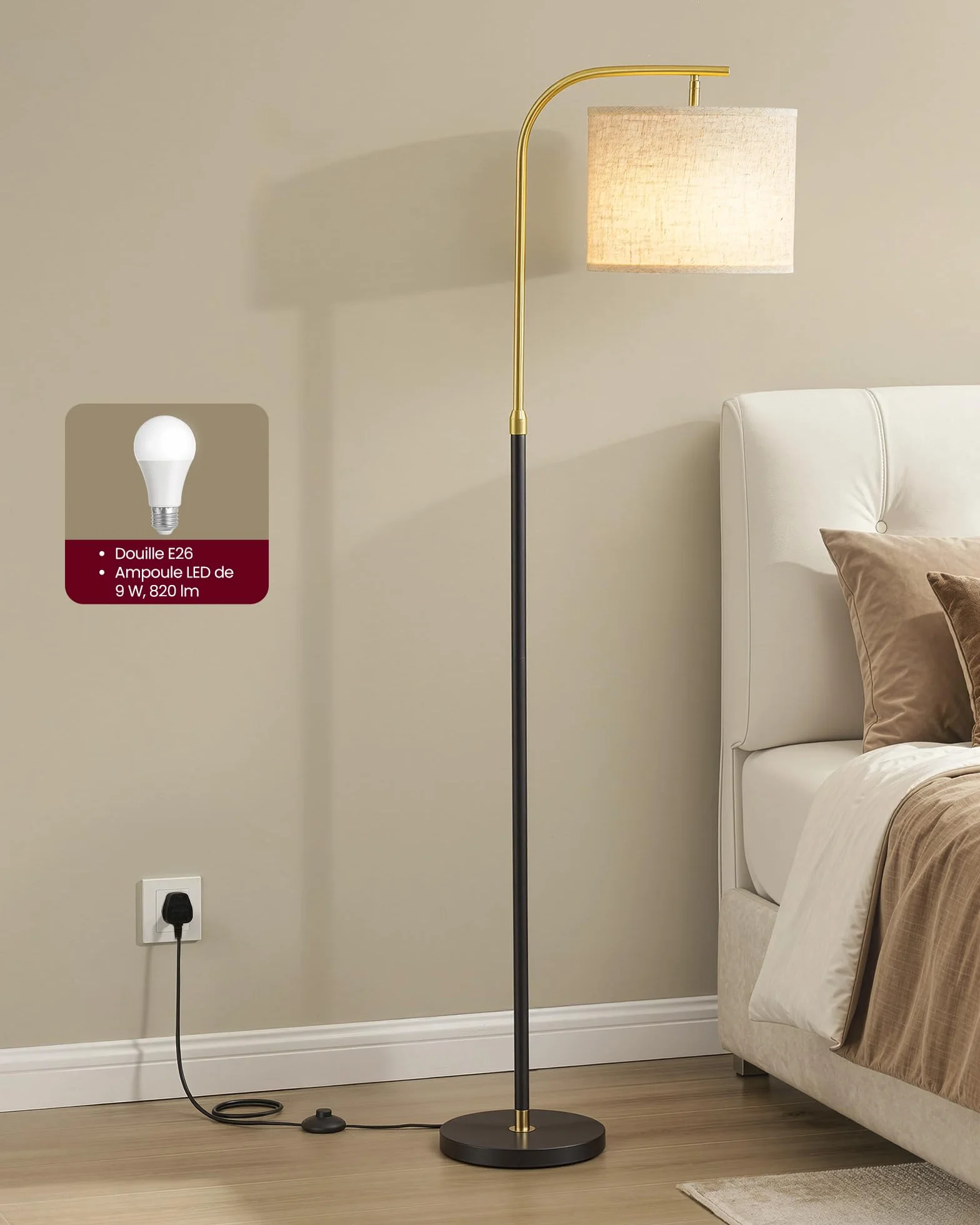 VASAGLE Lampa stojąca, lampa łukowa, lampa stojąca, lampka do czytania z regulacją wysokości, wysokość 150-175 cm, nowoczesna, z przyciskiem nożnym, abażur z tkaniny, oprawka E27, matowa czerń