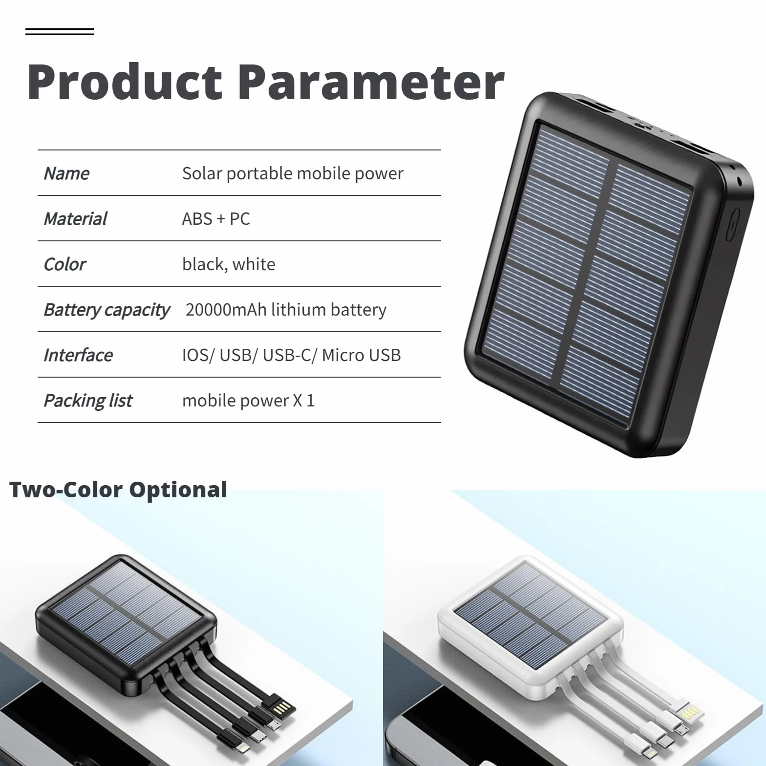 Solar Power Bank 20000mAh Outdoor Wasserdicht Weiß