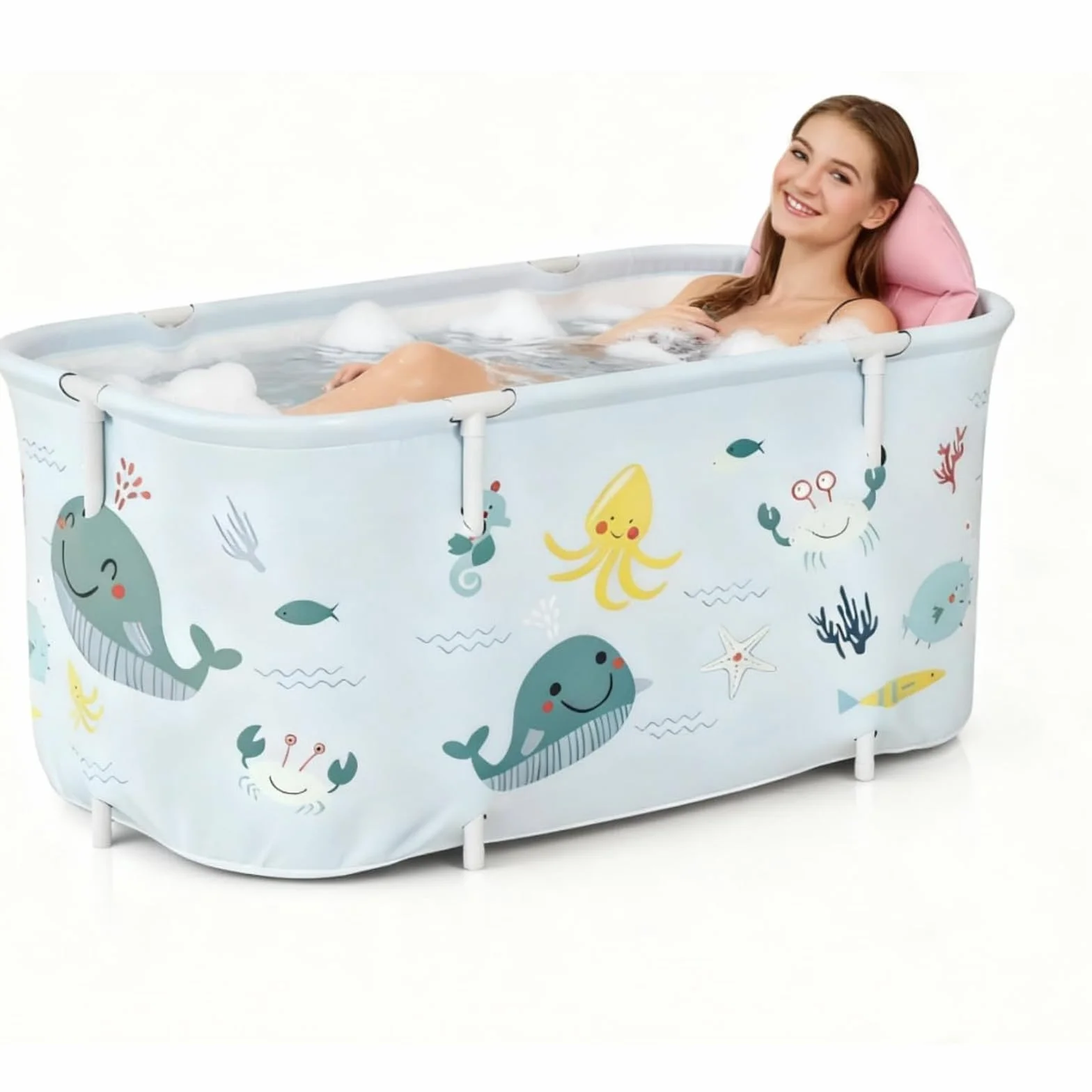 Składana wanna dla dorosłych, 140 x 50 x 55 cm, przenośna, z poduszką i oparciem, wanna SPA do prysznica, wolnostojąca, składana wanna dla dorosłych i dzieci, styl oceaniczny