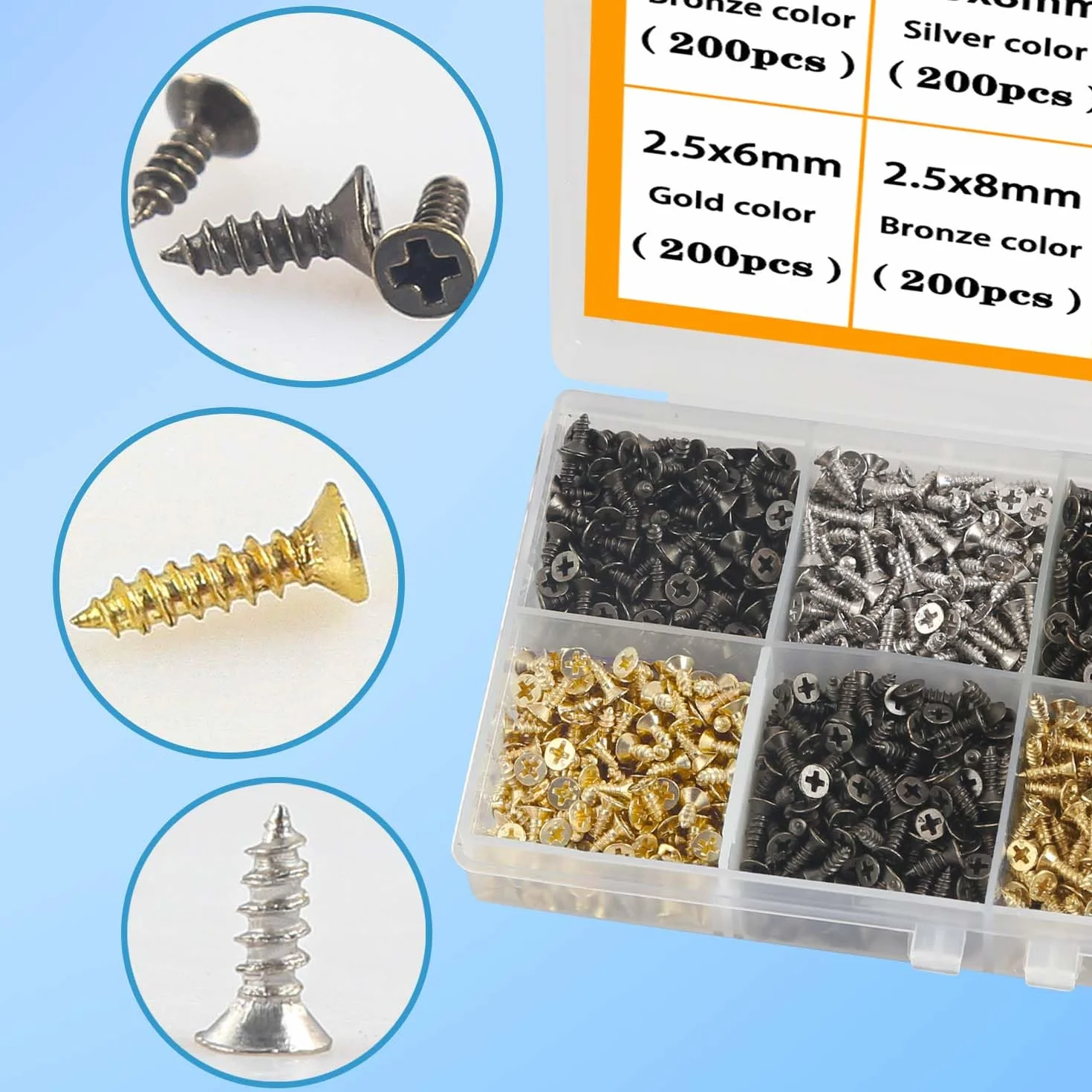 Zestaw małych śrub M2.5, wkręty do drewna, wkręty samogwintujące 6 mm, 8 mm, 10 mm, płaskie śruby do projektów DIY, naprawy, 1600 sztuk, złoty, srebrny, czarny