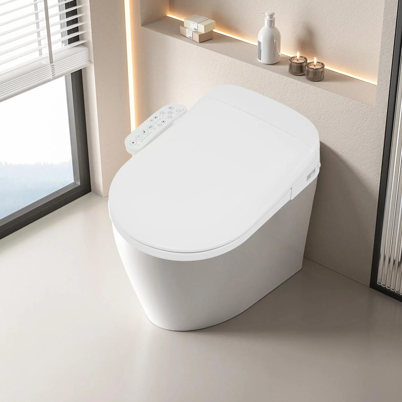 Podgrzewana deska sedesowa, bidet z dyszą, japońska toaleta, prysznic z automatyczną pokrywą, funkcja sterylizacji drążka natryskowego, bocznym elementem obsługowym, suszarka i lampka nocna
