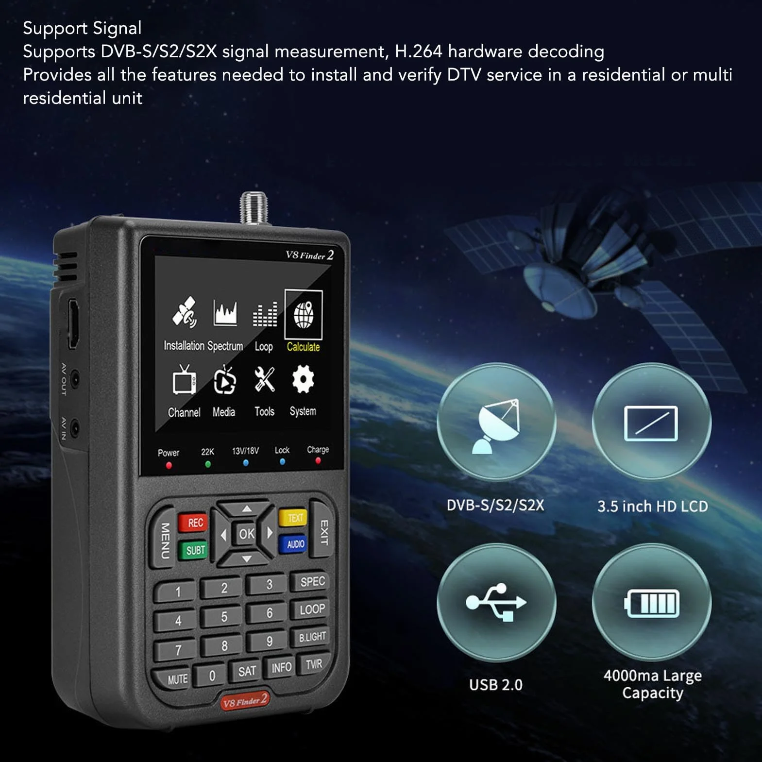 Miernik Sygnału Satelitarnego V8 Finder 3, 3,5-calowy LCD HD, Bateria 4000 mAh, Odbiornik S2X/S2/S MPEG-2/4