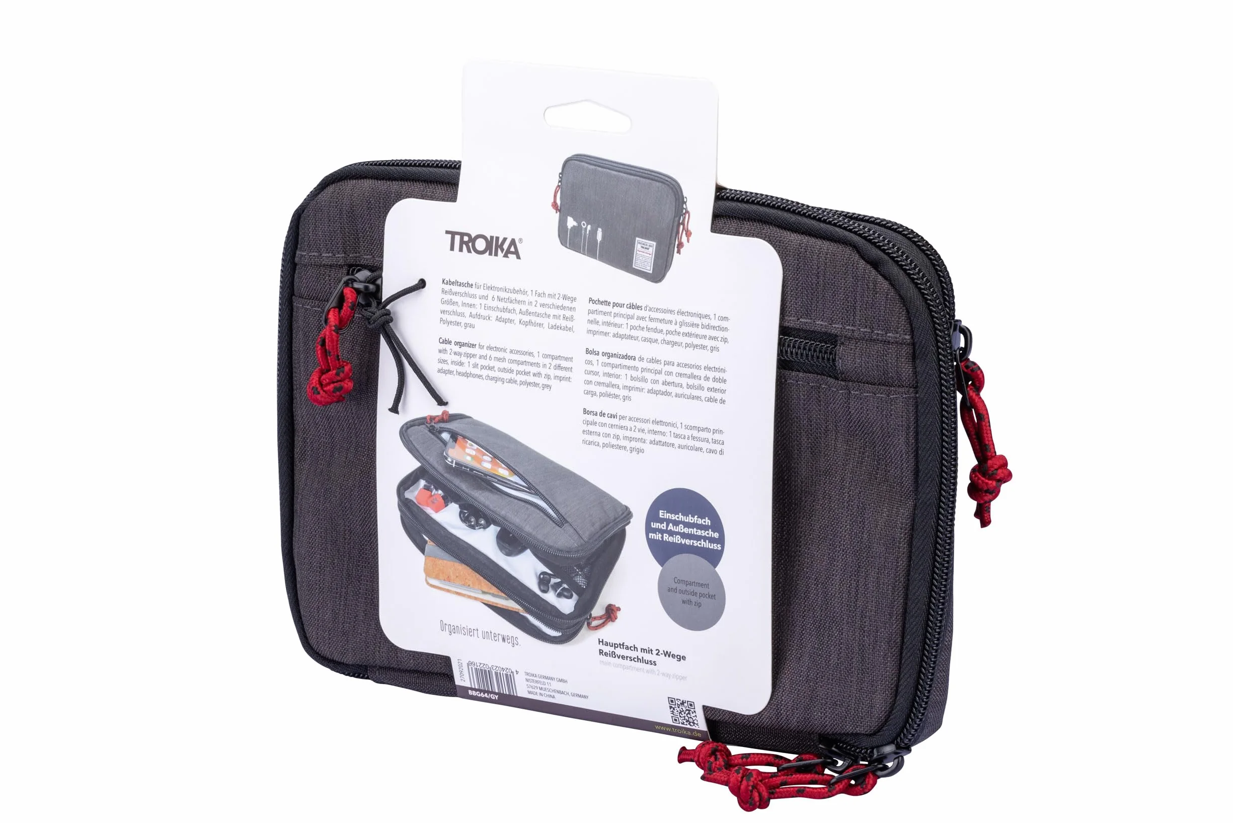 Troika Business Tech Pouch 2 torba na kabel na akcesoria elektroniczne z poliestru w kolorze szarym, wymiary: 23,5 cm x 17 cm x 3,5 cm, BBG64/GY, szary, 23,5cm, Nowoczesny