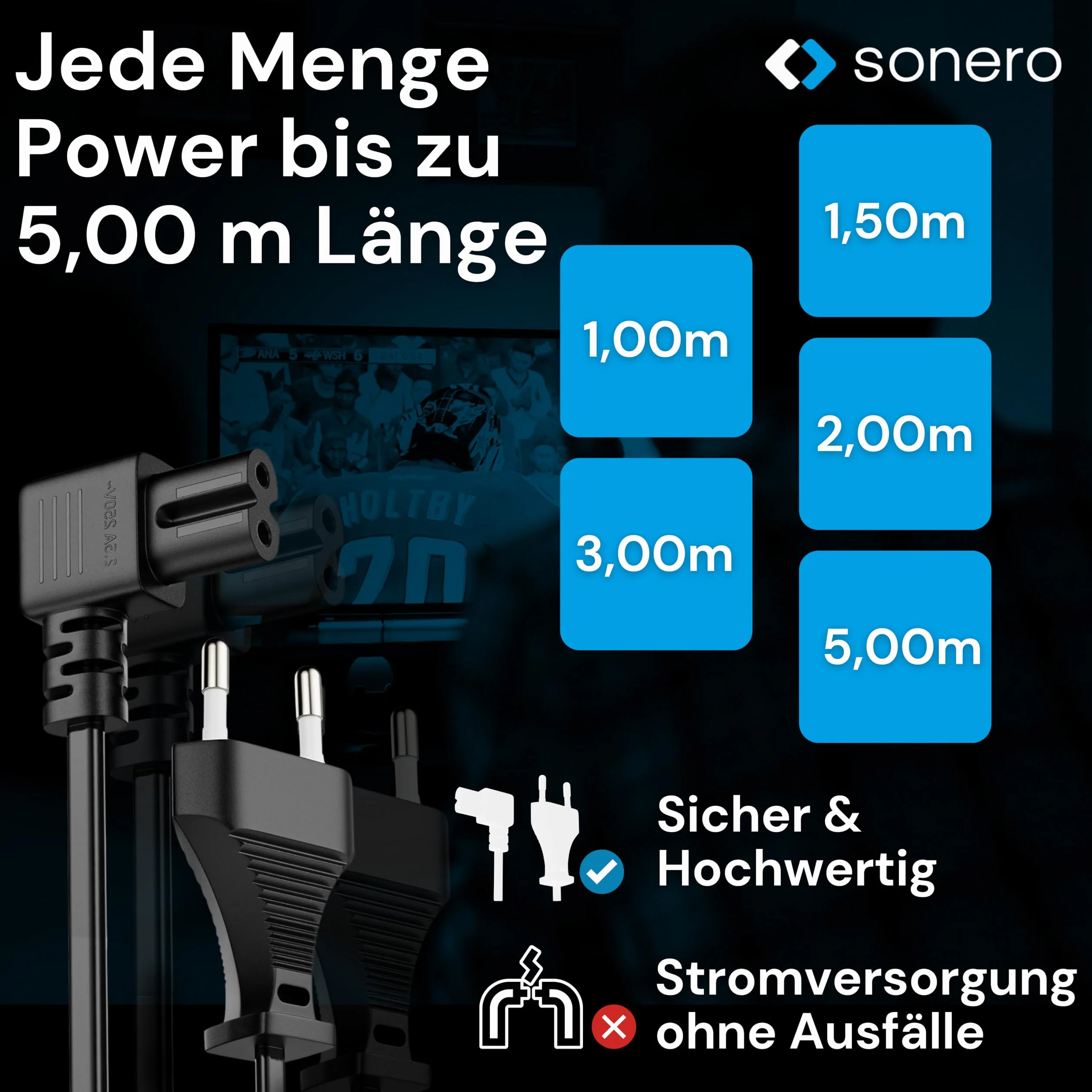 sonero Kabel zasilający, 2-biegunowy, 2,00 m, wtyczka euro typu C, wtyczka sieciowa do gniazda IEC C7 Euro 8, kąt 90°, zasilacz sieciowy kabel do telewizora, PS5, PS4, PS3, urządzeń gospodarstwa