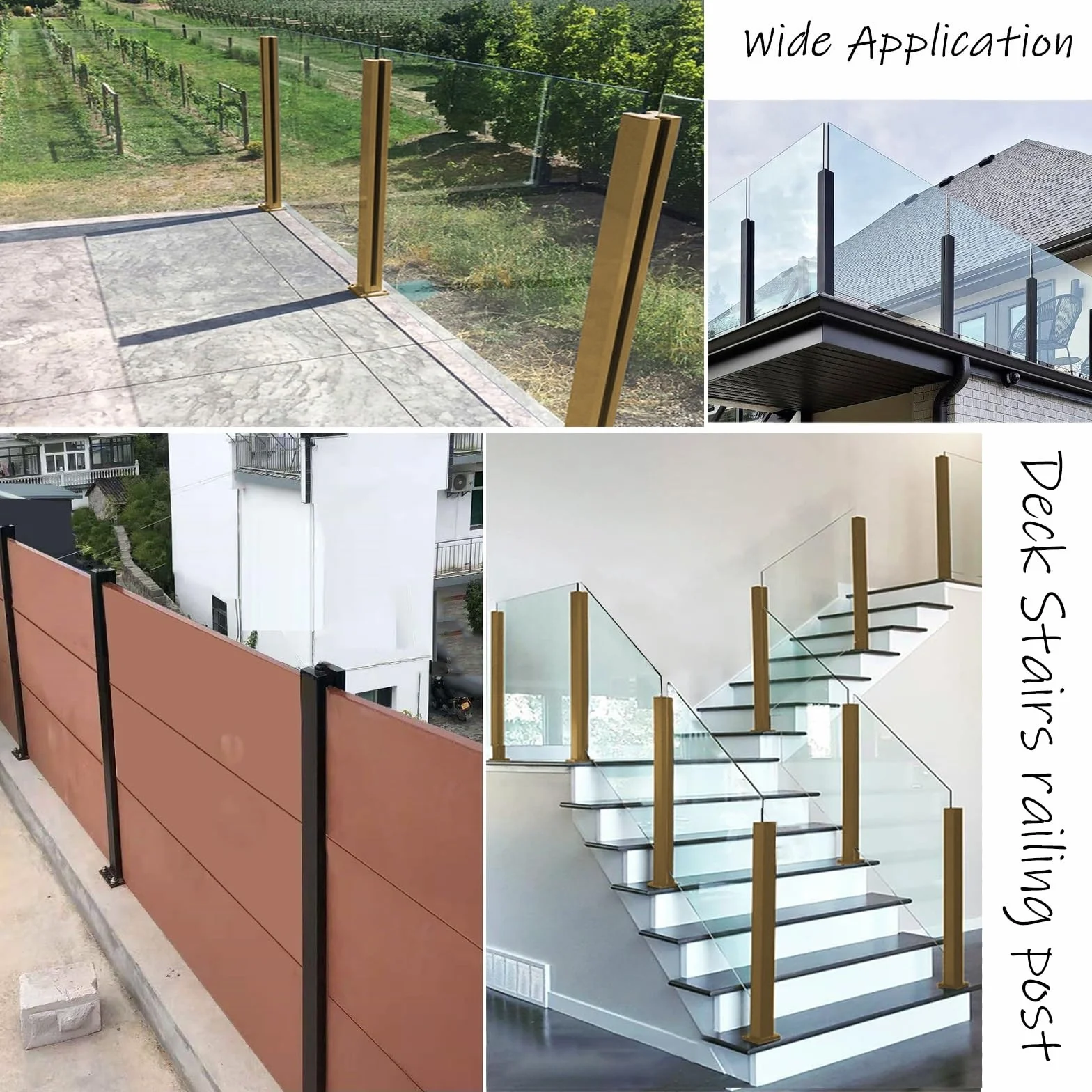 Złoty słupek końcowy do szklanej balustrady 80/80 cm - trwałe podparcie do paneli metalowych/drewna/szkła hartowanego (8-12 mm) - idealny na balkon i schody