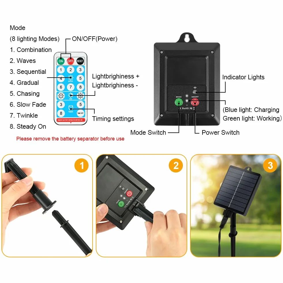 AUAUY solarny łańcuch świetlny na zewnątrz, odporny na warunki atmosferyczne, 7 m, 50 diod LED, 8 trybów pracy, IP65, solarny łańcuch świetlny z kryształowymi kulkami, na zewnątrz/do wnętrz