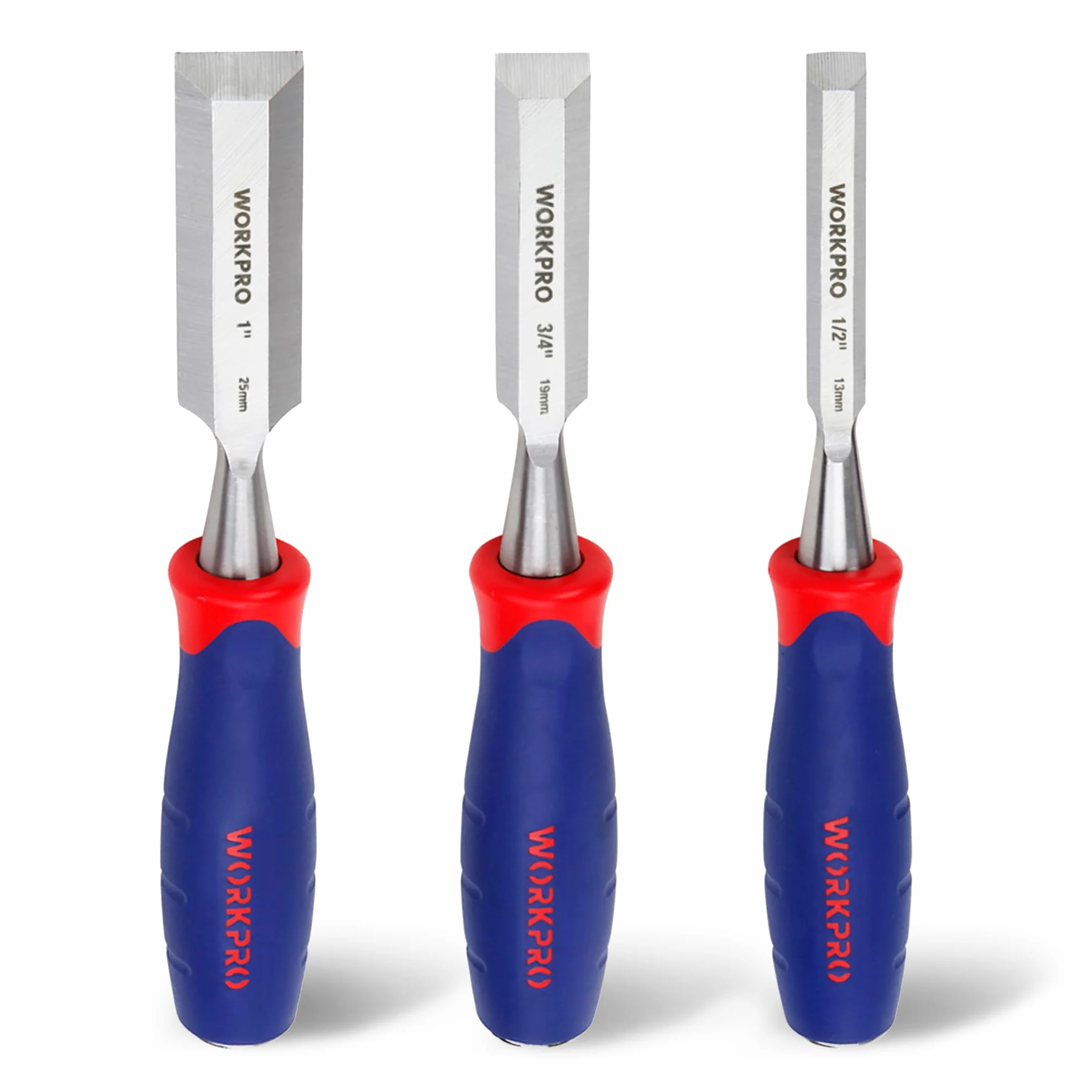 WORKPRO Zestaw 3 dłut do rzeźbienia w drewnie, 1/ cala (12 mm), 3/4 cala (19 mm), 1 cal (25 mm), fazowane ostrze pokryte chromem i wanadem, stalowa końcówka uchwytu dla młotka, antypoślizgowy uchwyt
